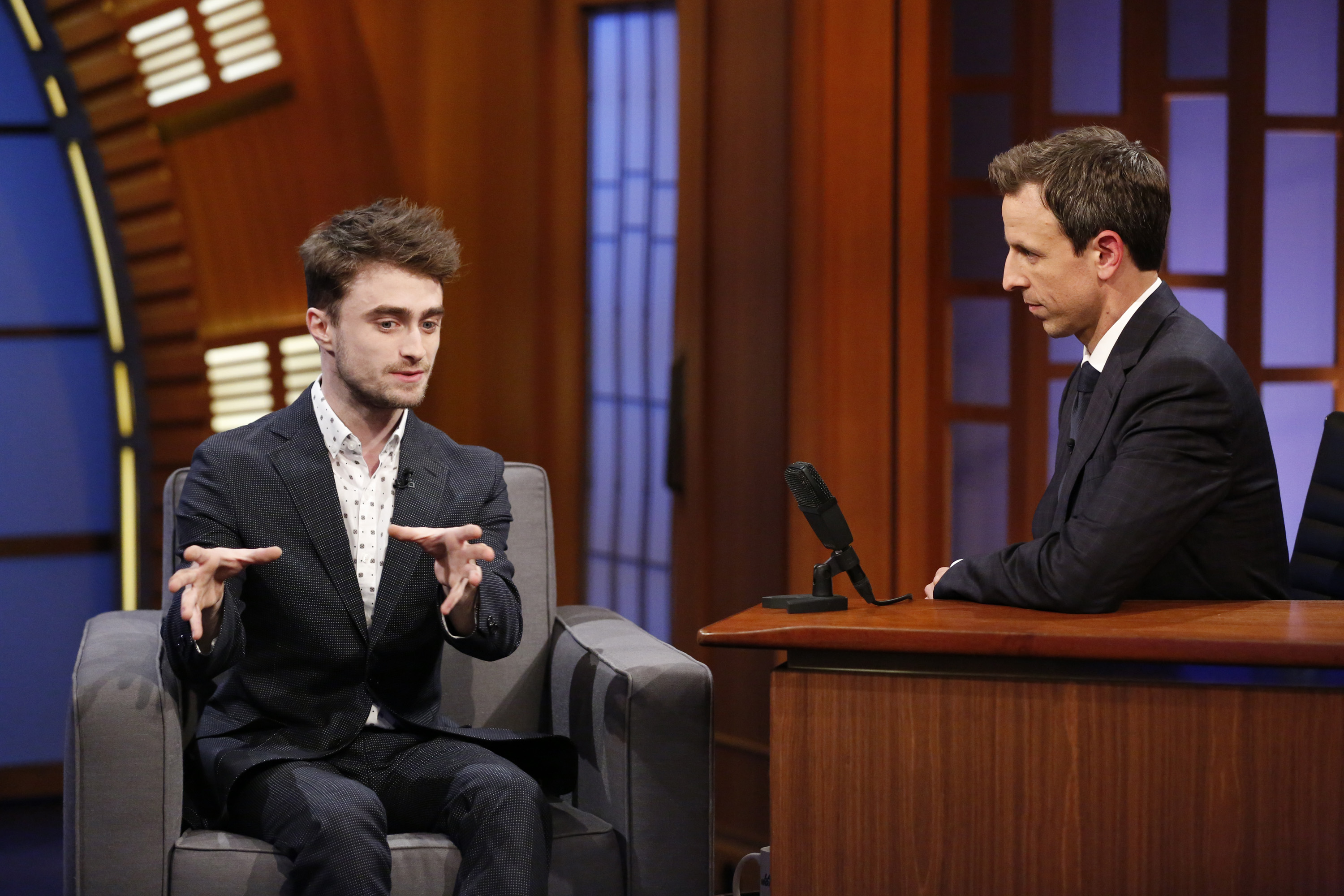 Actor Daniel Radcliffe during an interview with host Seth Meyers on August 5, 2014