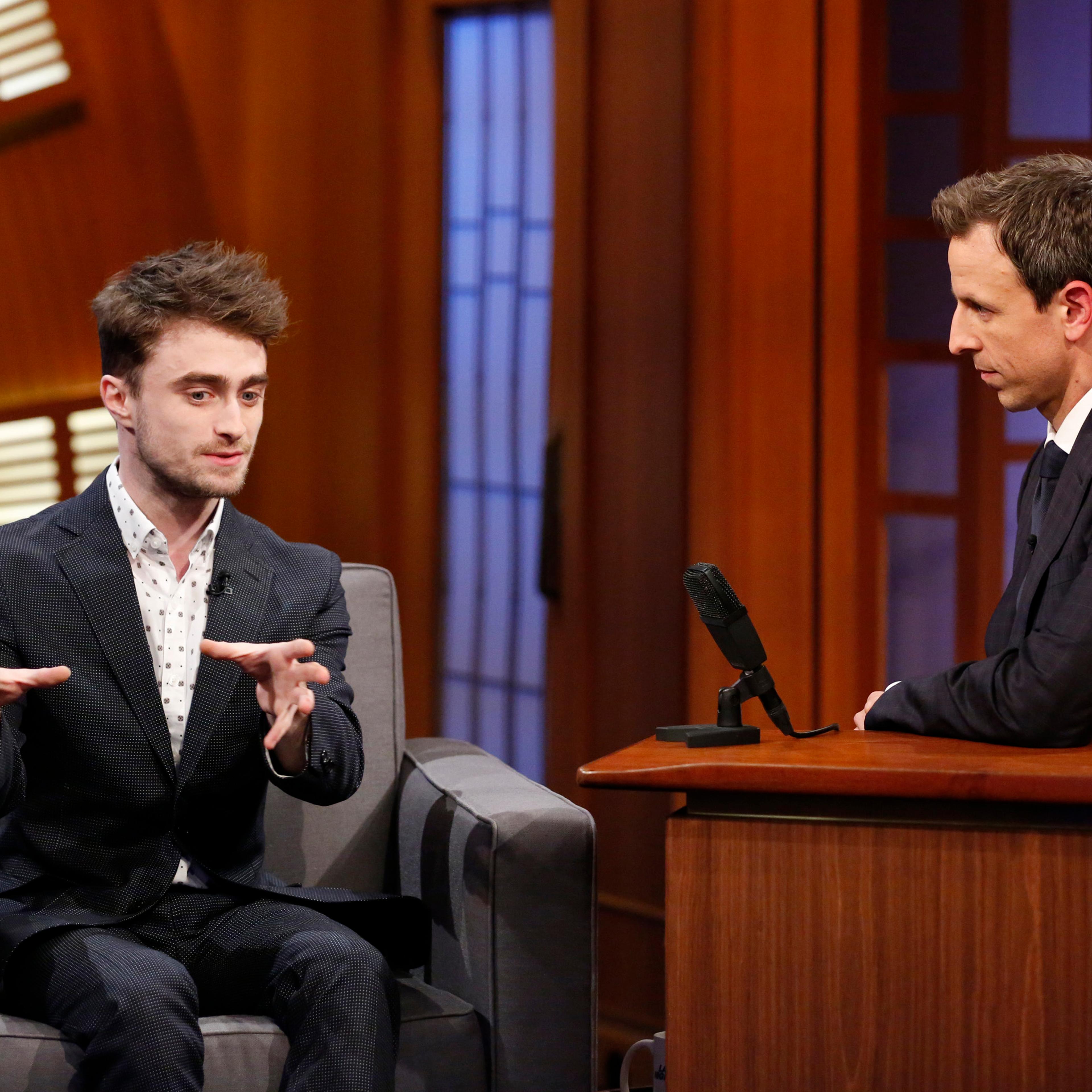 Actor Daniel Radcliffe during an interview with host Seth Meyers on August 5, 2014