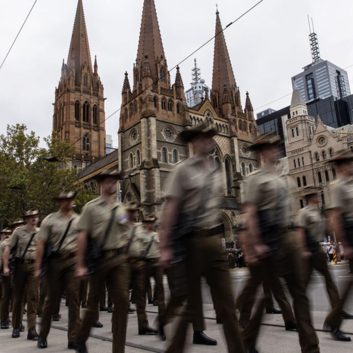 Australian Defense Force personnel participate in the Anzac Day march on April 25, 2024, in Melbourne, Australia.