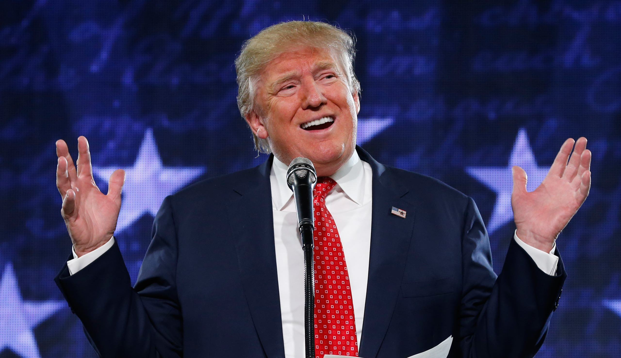 Republican Presidential candidate Donald Trump gestures during a speech at Liberty University in Lynchburg, Va., Monday, Jan. 18, 2016. (AP Photo/Steve Helber)