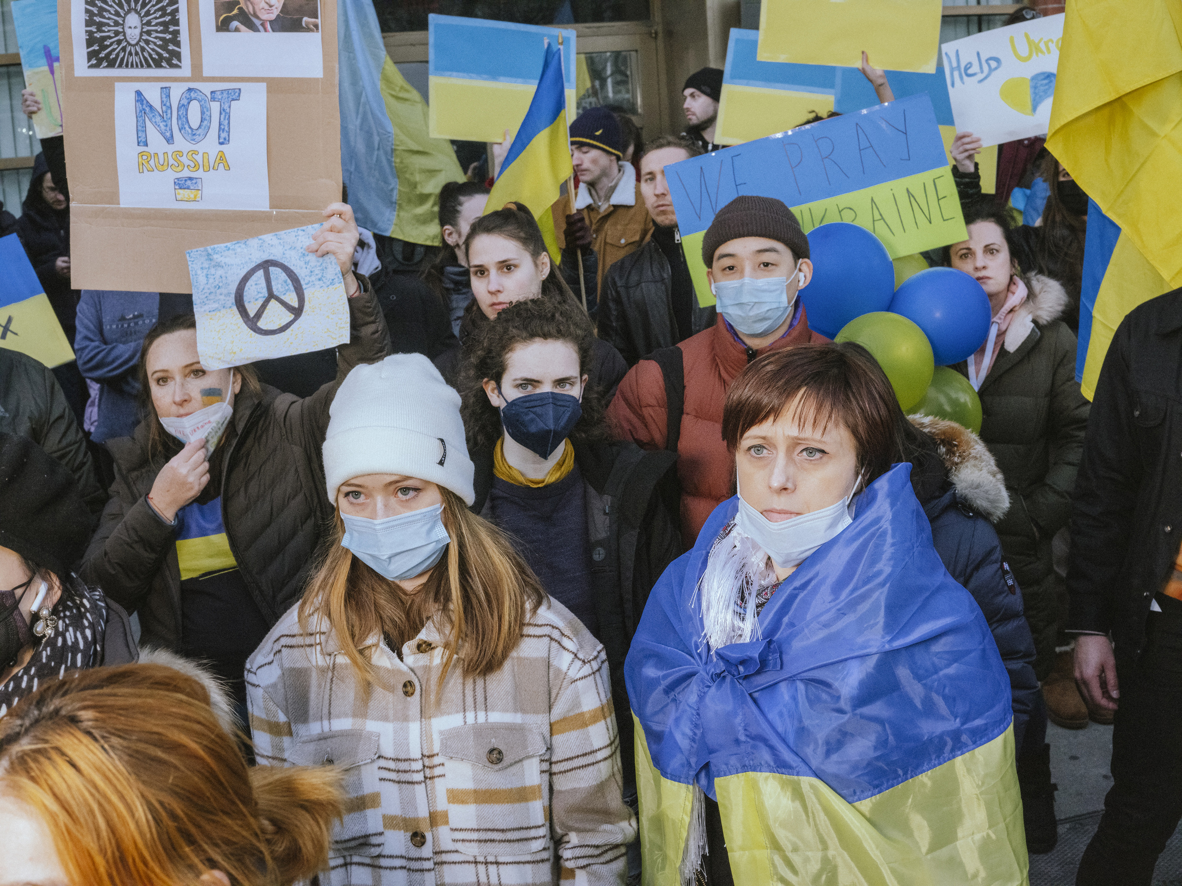 Demonstrators during a protest against the Russian invasion of Ukraine in front of the United Nations Headquarters in New York City on Feb. 27