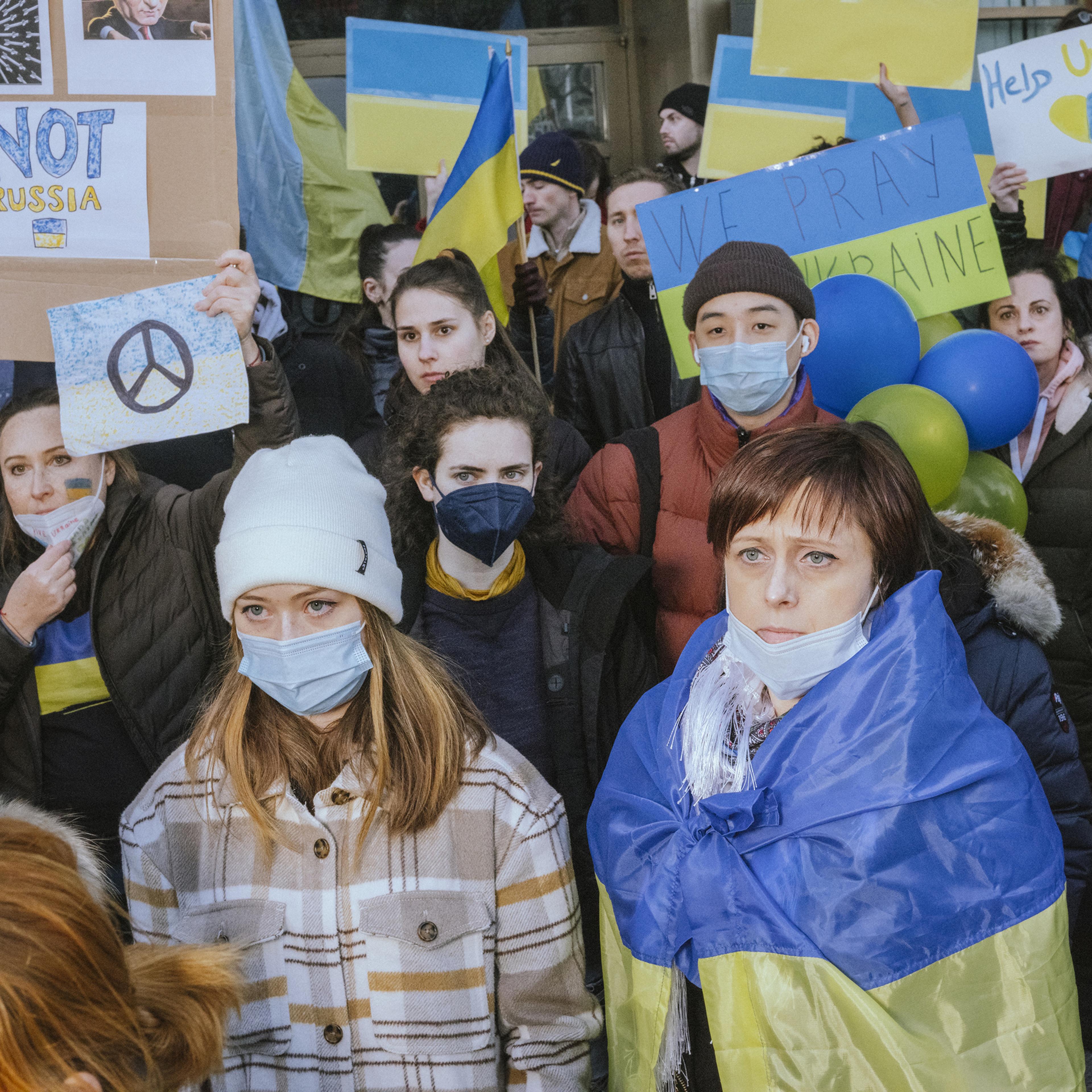 Demonstrators during a protest against the Russian invasion of Ukraine in front of the United Nations Headquarters in New York City on Feb. 27