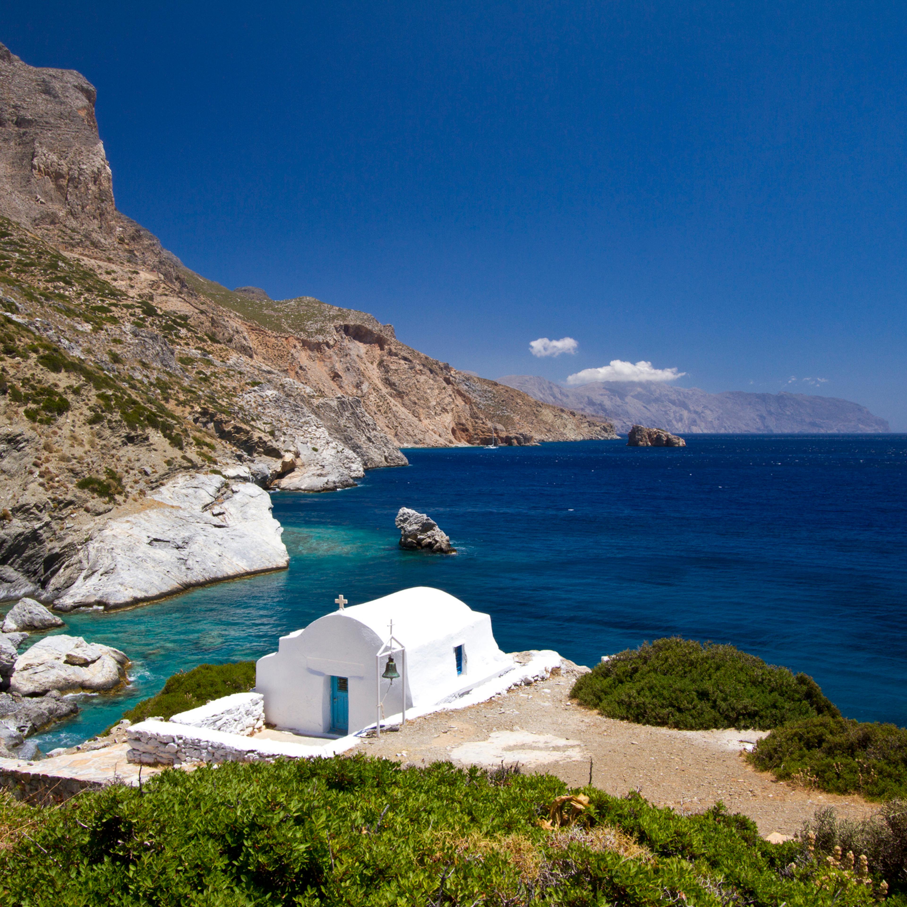 Idyllic coast with church in Amorgos island in Greece