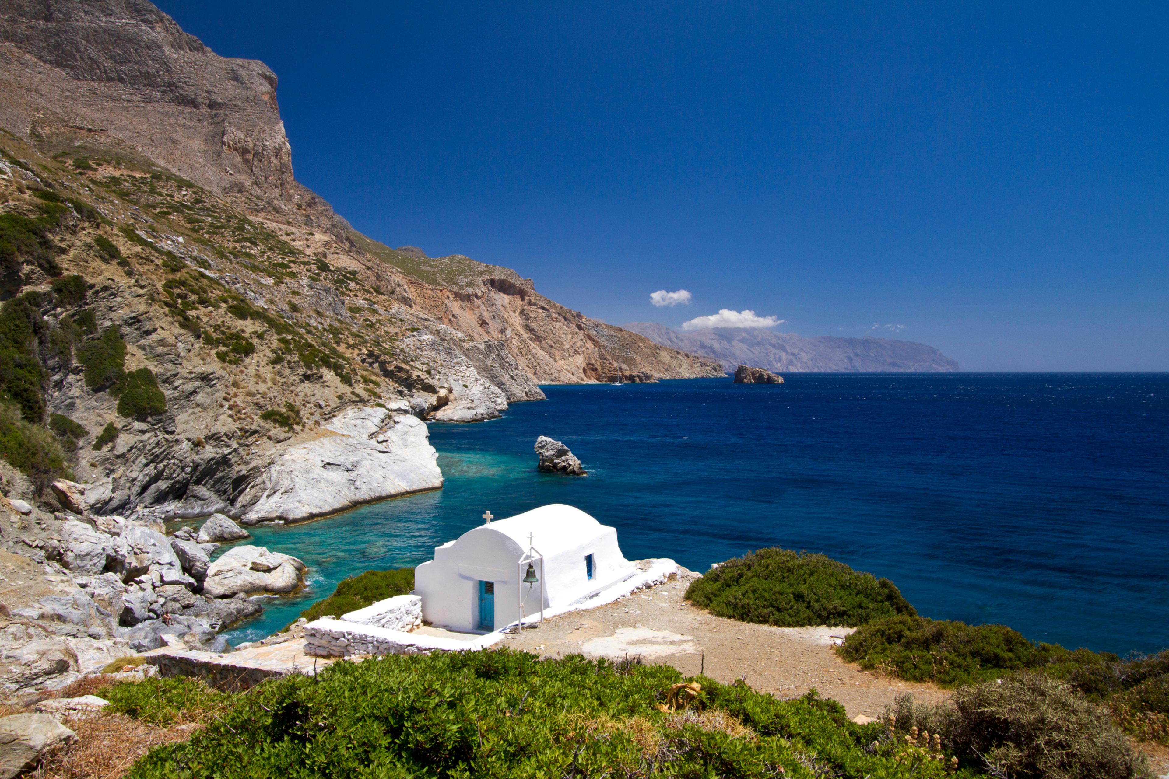 Idyllic coast with church in Amorgos island in Greece