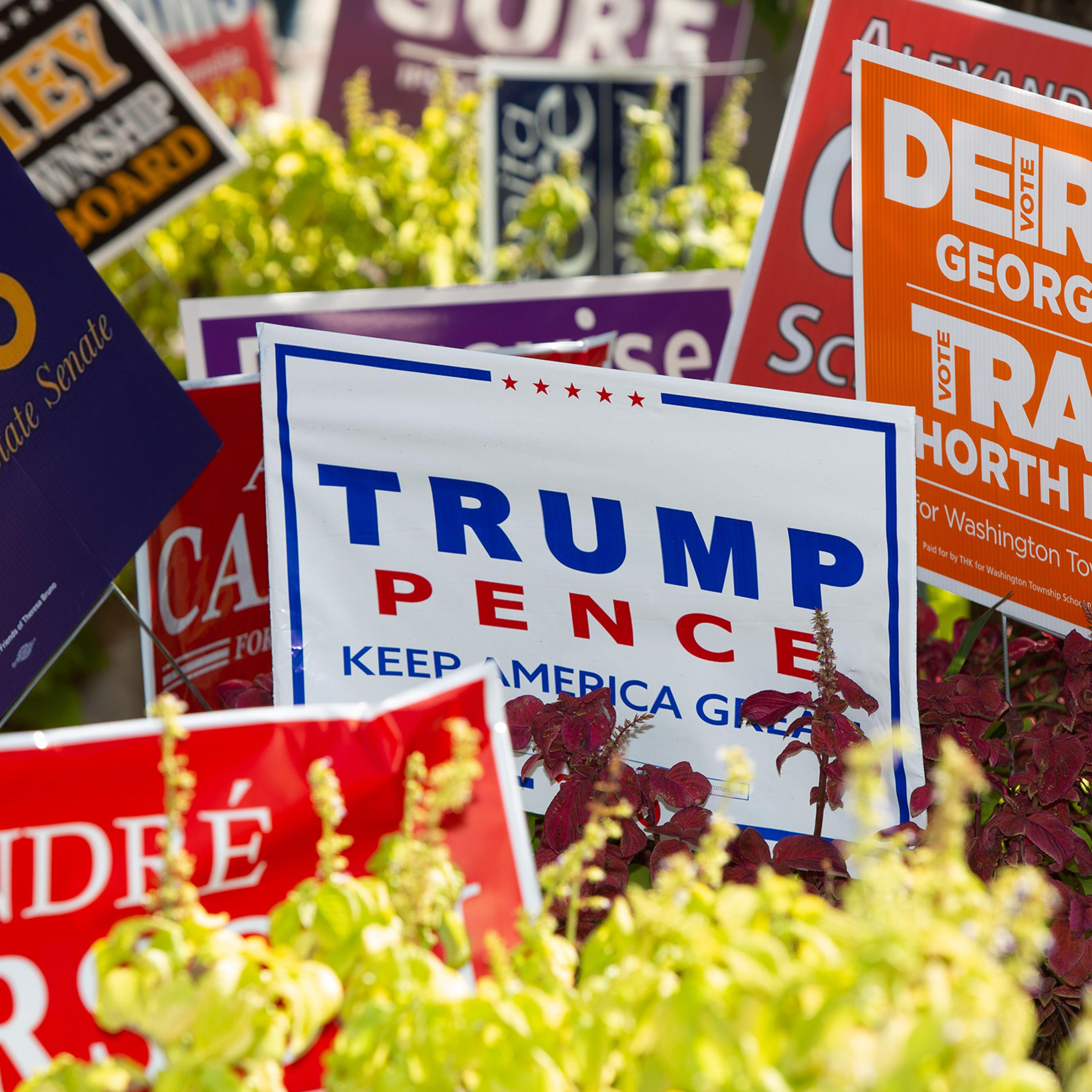 Signs for a variety of local and national races in downtown Indianapolis on Oct. 13, 2020.