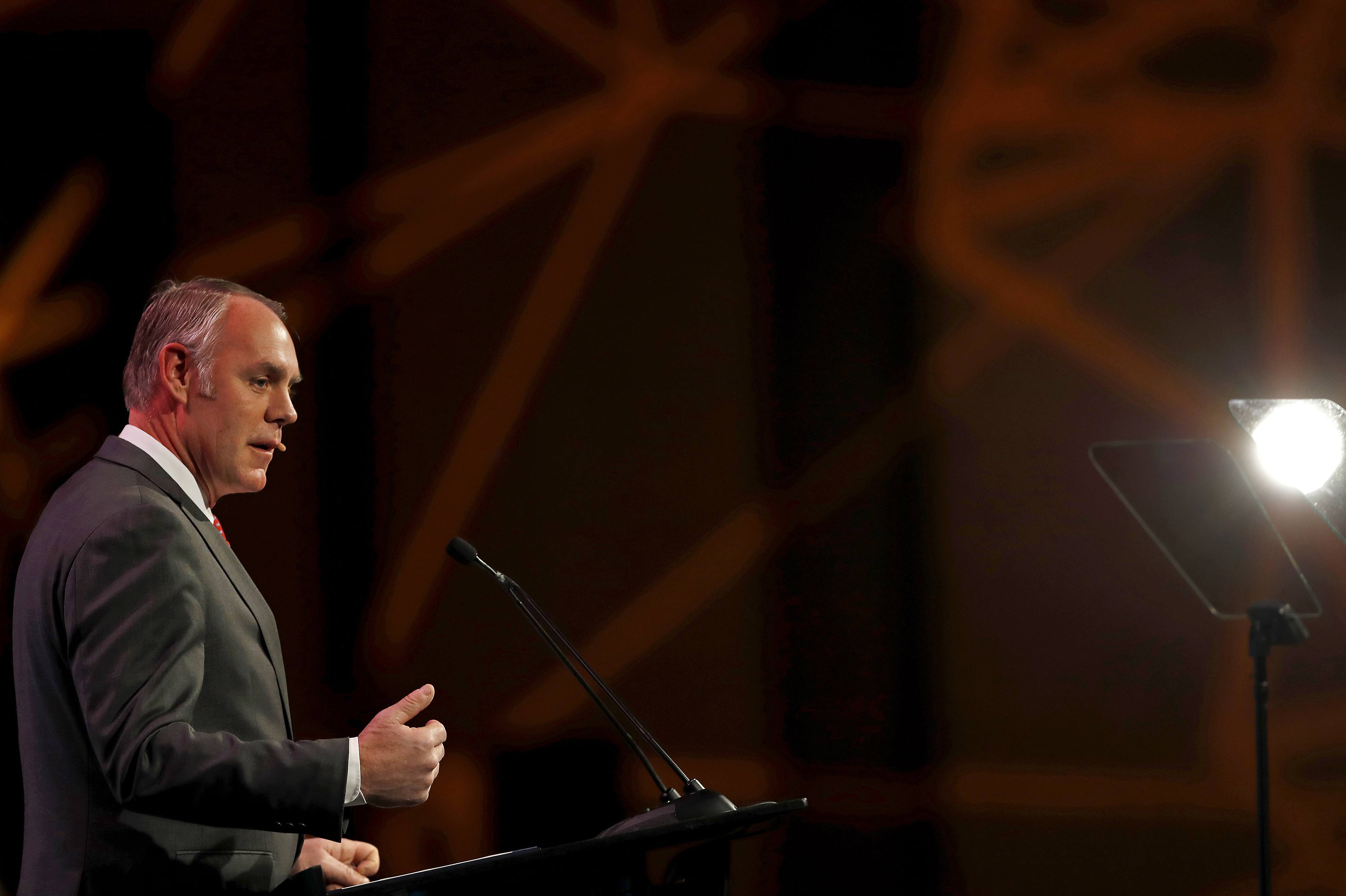 Ryan Zinke, U.S. secretary of interior, speaks during the 2018 CERAWeek by IHS Markit conference in Houston, Texas, U.S., on Tuesday, March 6, 2018.