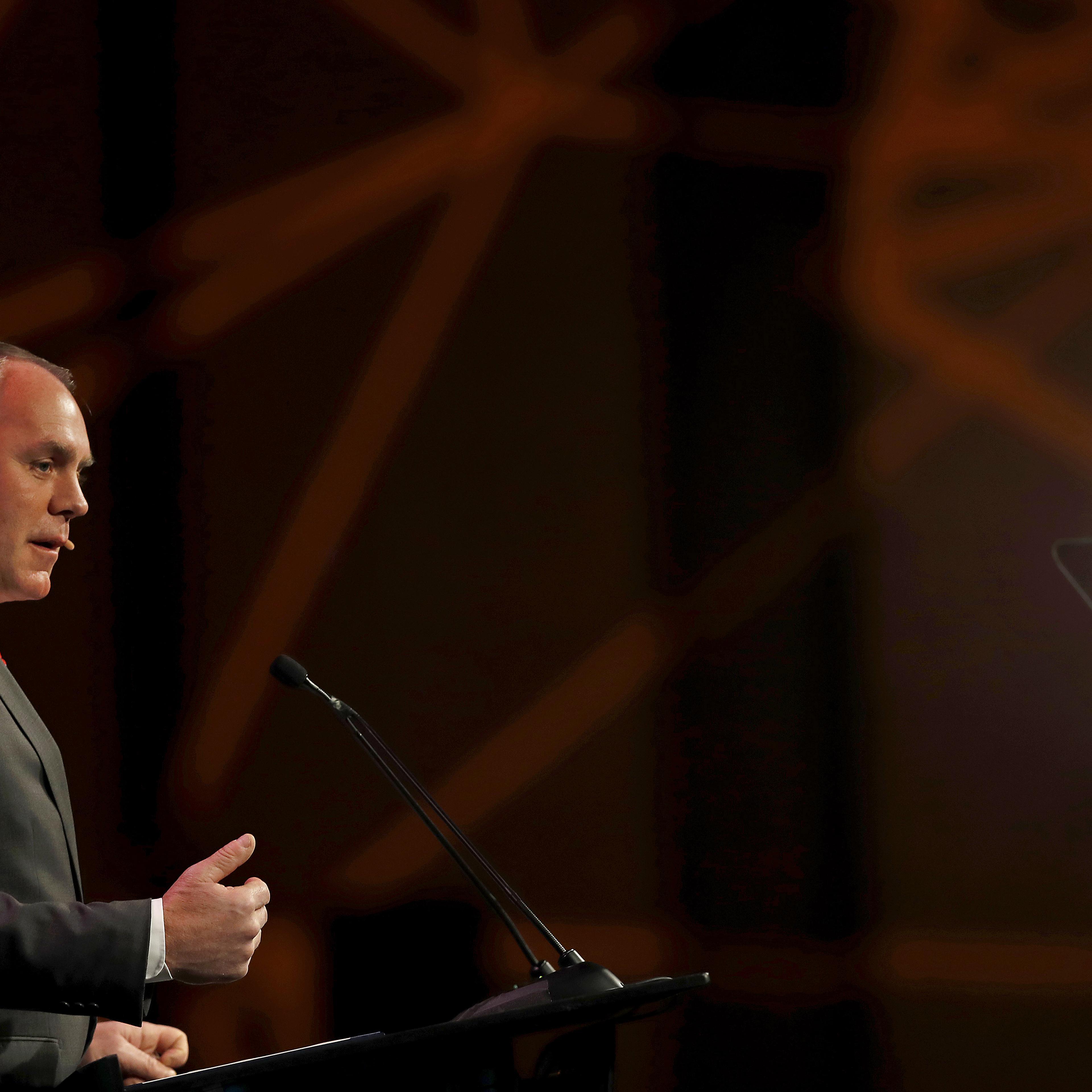 Ryan Zinke, U.S. secretary of interior, speaks during the 2018 CERAWeek by IHS Markit conference in Houston, Texas, U.S., on Tuesday, March 6, 2018.