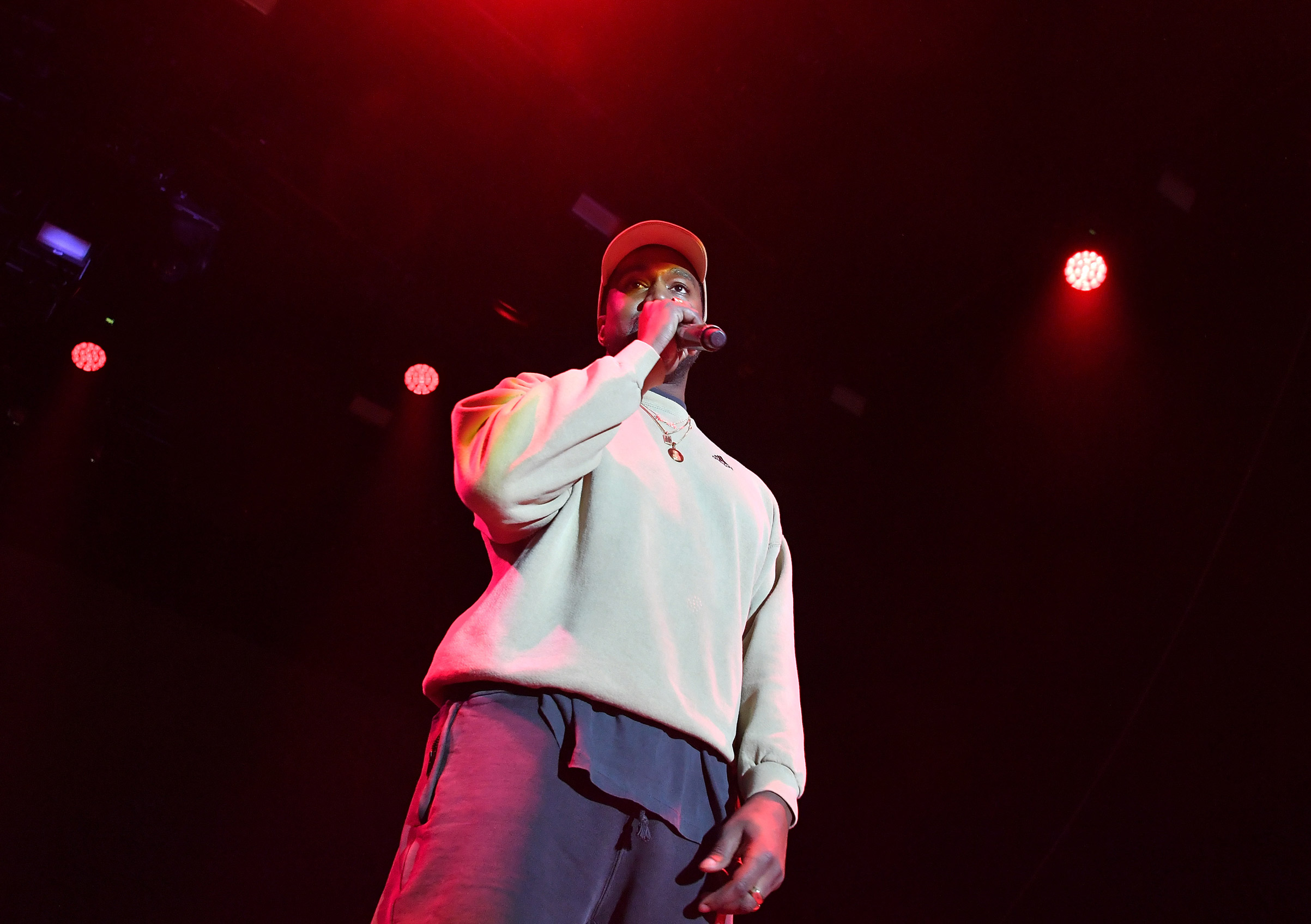 Kanye West onstage at an event for Adidas in Los Angeles on Feb. 17, 2018.