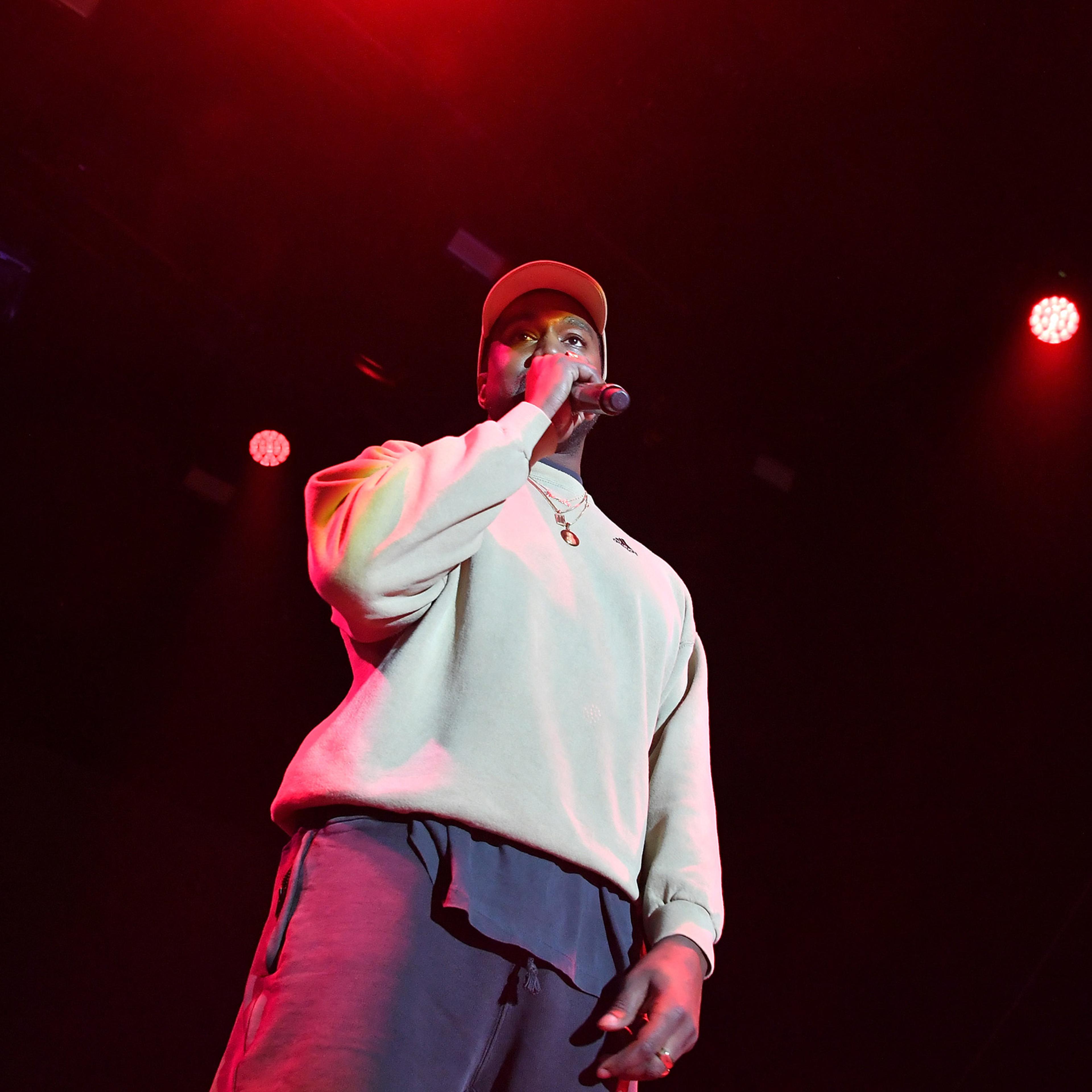 Kanye West onstage at an event for Adidas in Los Angeles on Feb. 17, 2018.