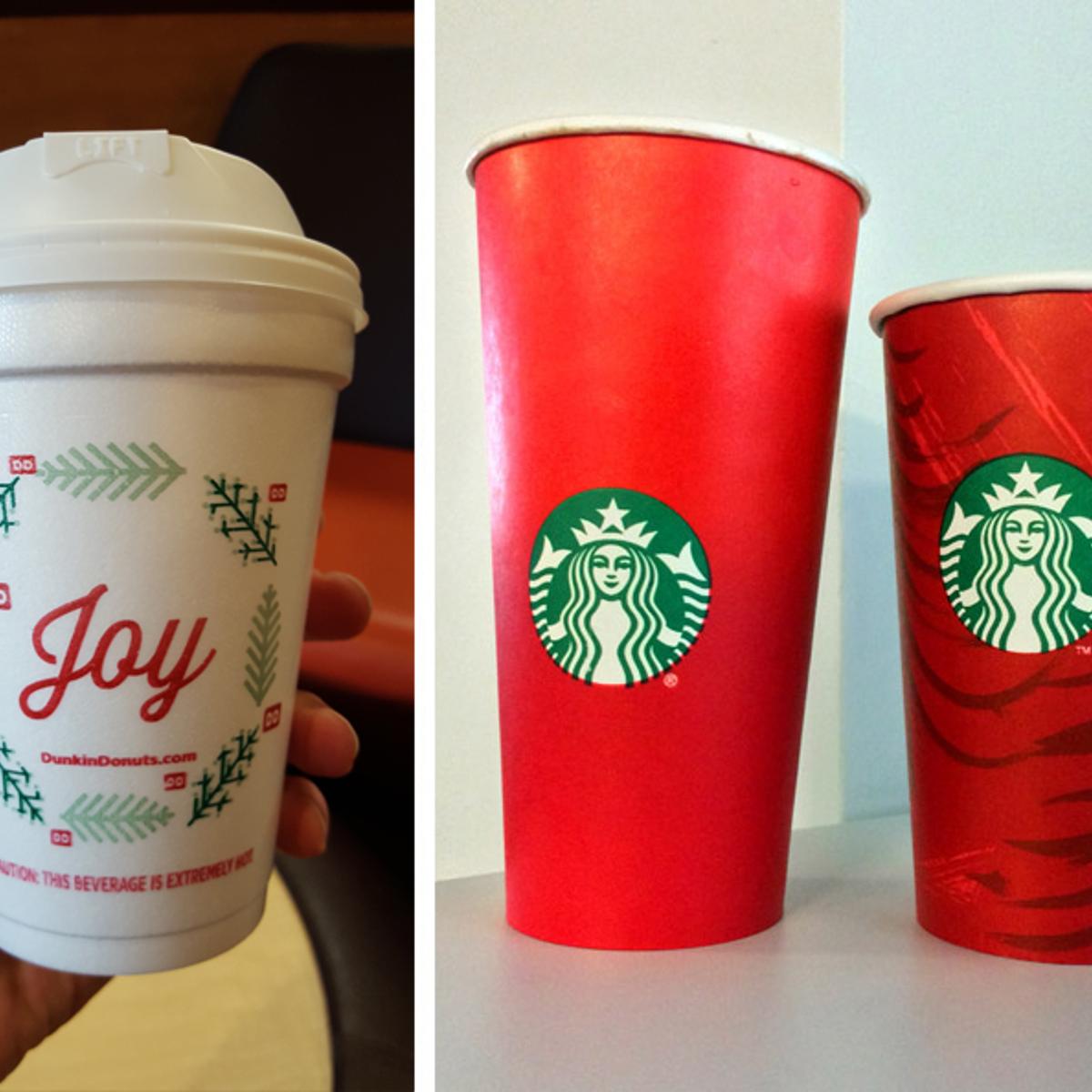 Dunkin' Donuts holiday cup (L) ; Starbucks holiday cups.