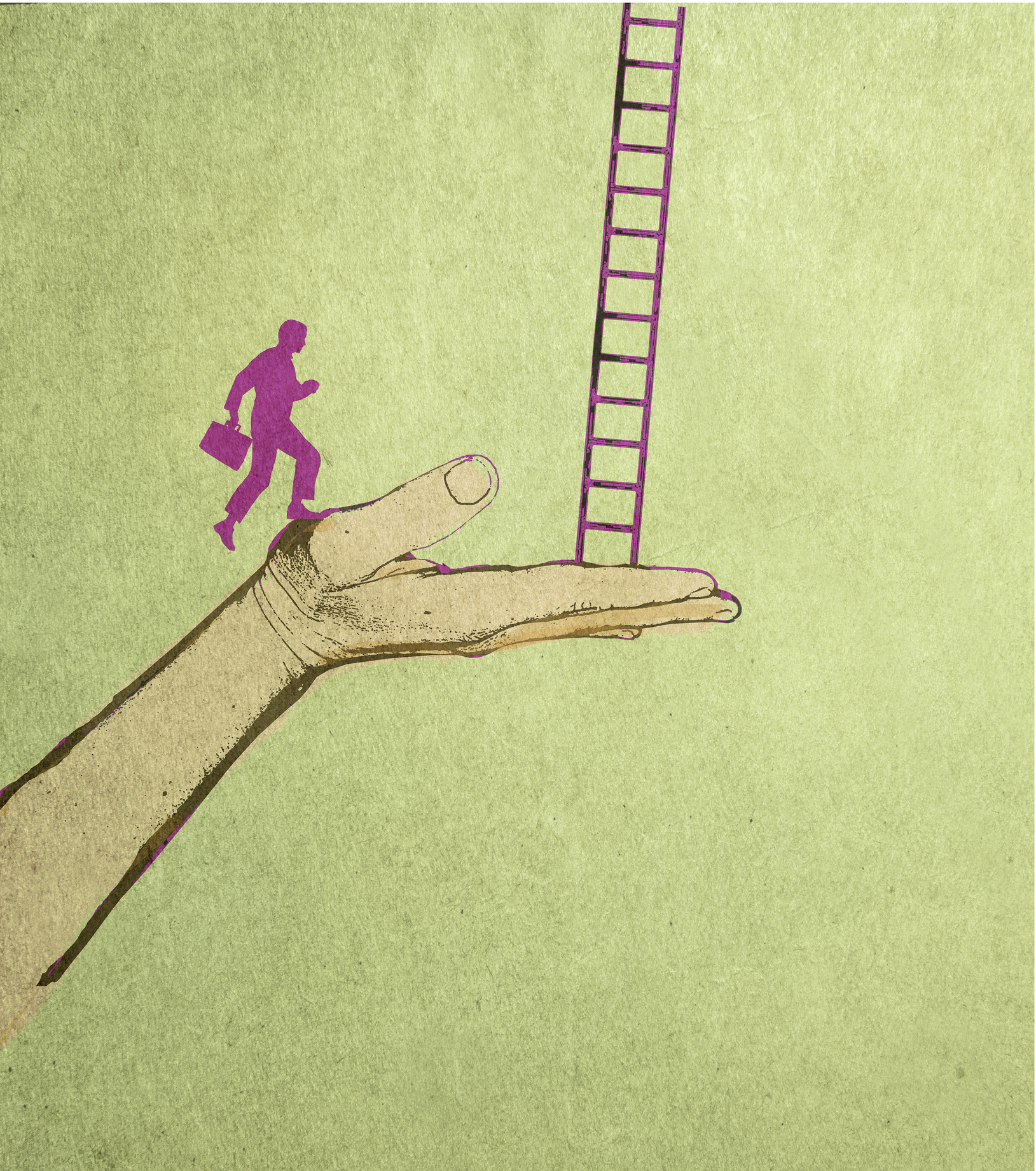 Illustration of businessman running along giant hand supporting ladder