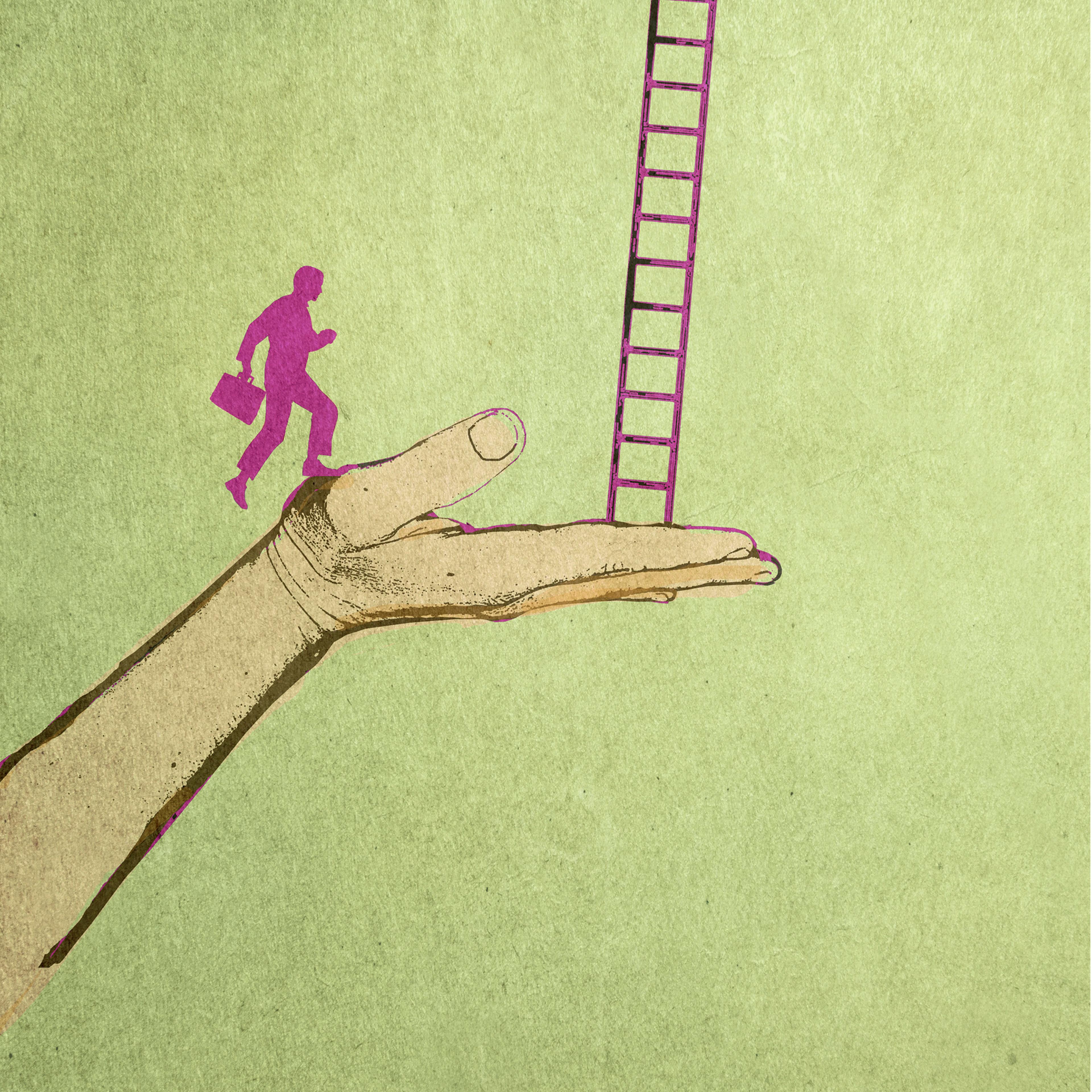 Illustration of businessman running along giant hand supporting ladder