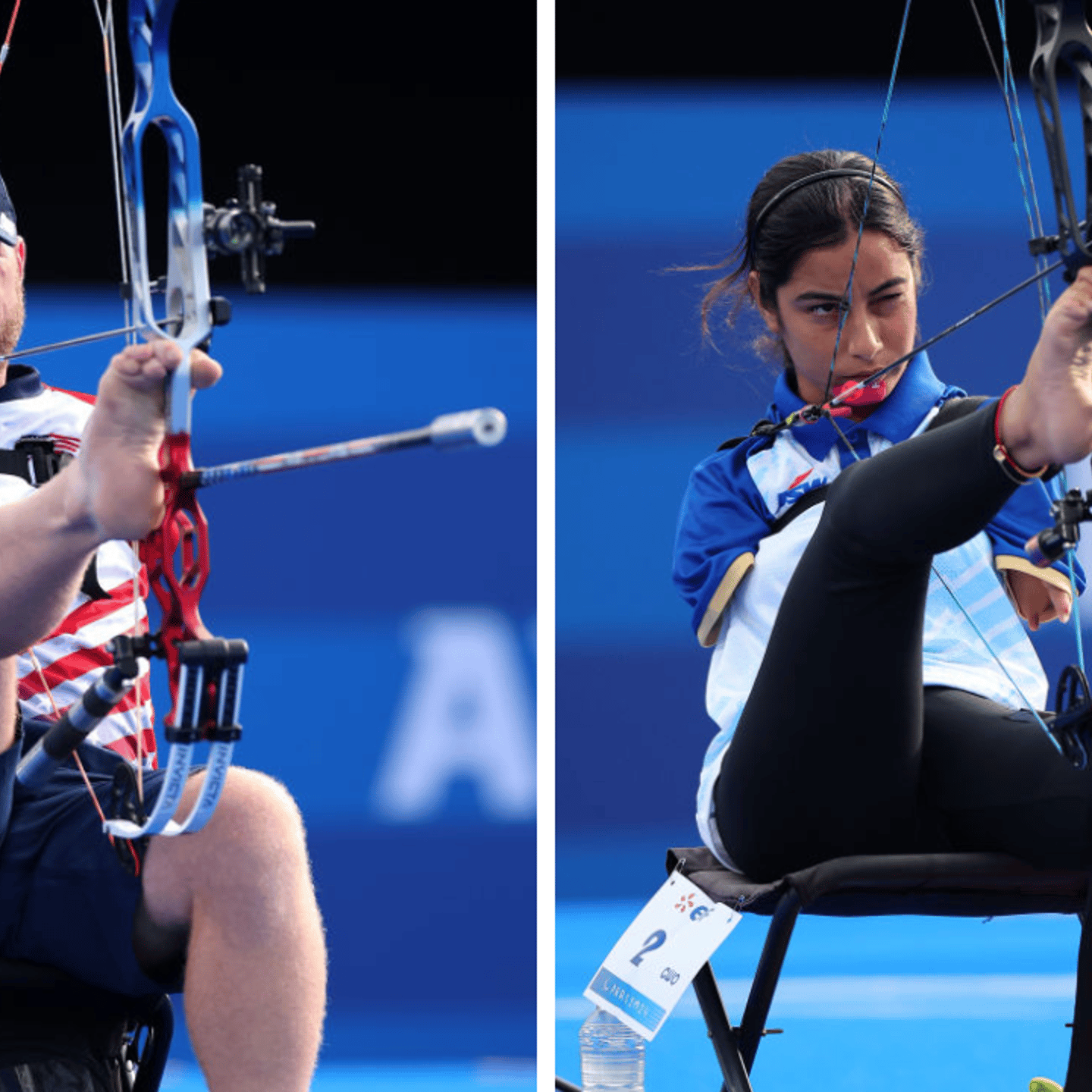 eam USA’s Matt Stutzman (left) and India’s Sheetal Devi (right) compete in archery at the 2024 Paralympic Games in Paris, France.