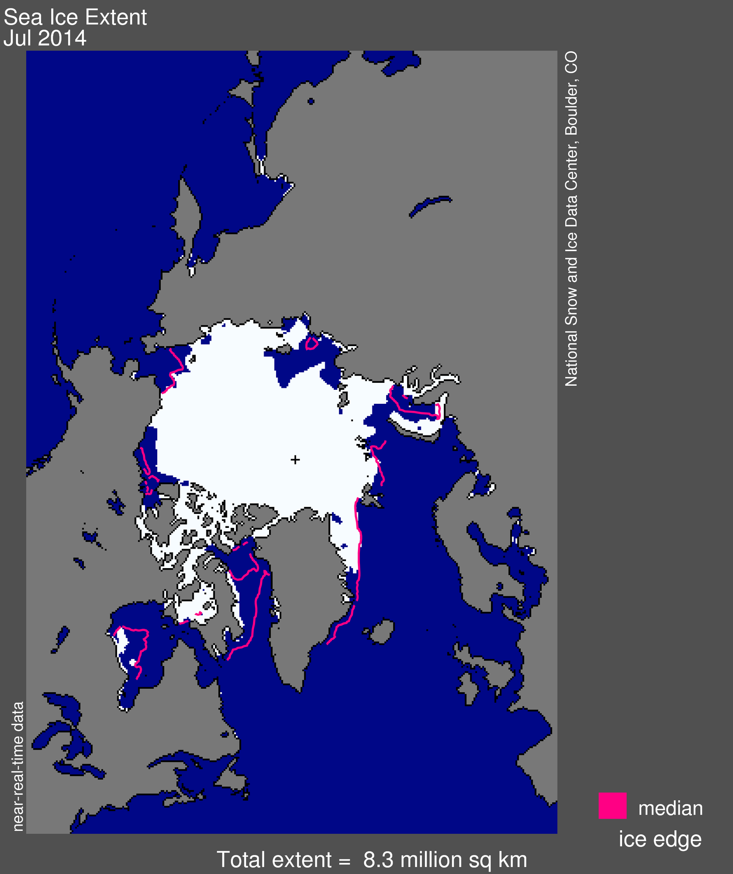 This map shows the extent of Arctic sea ice in July 2014. It was 3.19 million square miles (8.25 million square kilometers). The magenta lines show the 1981 to 2010 median extent for that month. The black cross indicates the geographic North Pole.