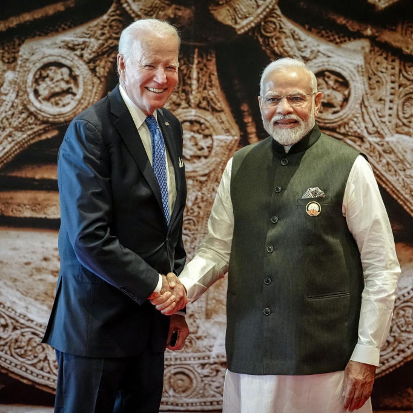 U.S. President Joe Biden is received by Narendra Modi, Prime Minister of India, at the G20 summit on Sept. 9, 2023.