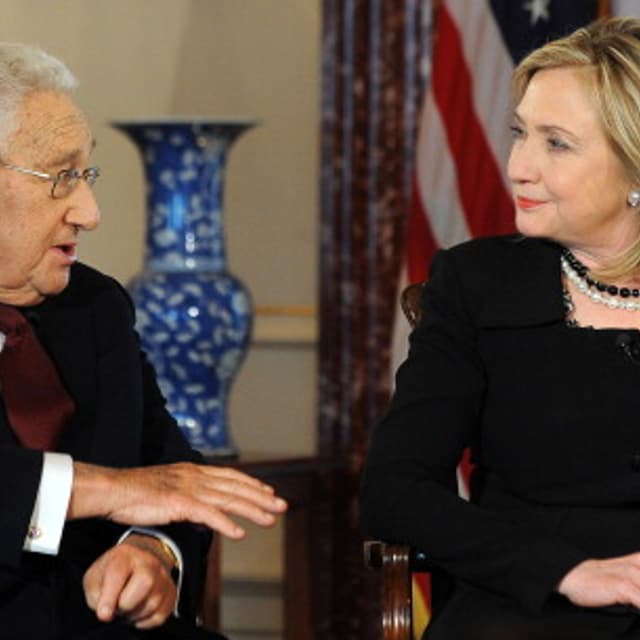 US Secretary of State Hillary Clinton (R) and former US Secretary of State Henry Kissinger participate in "Conversations on Diplomacy, Moderated by Charlie Rose,” at the Department of State in Washington, DC, on April 20, 2011.