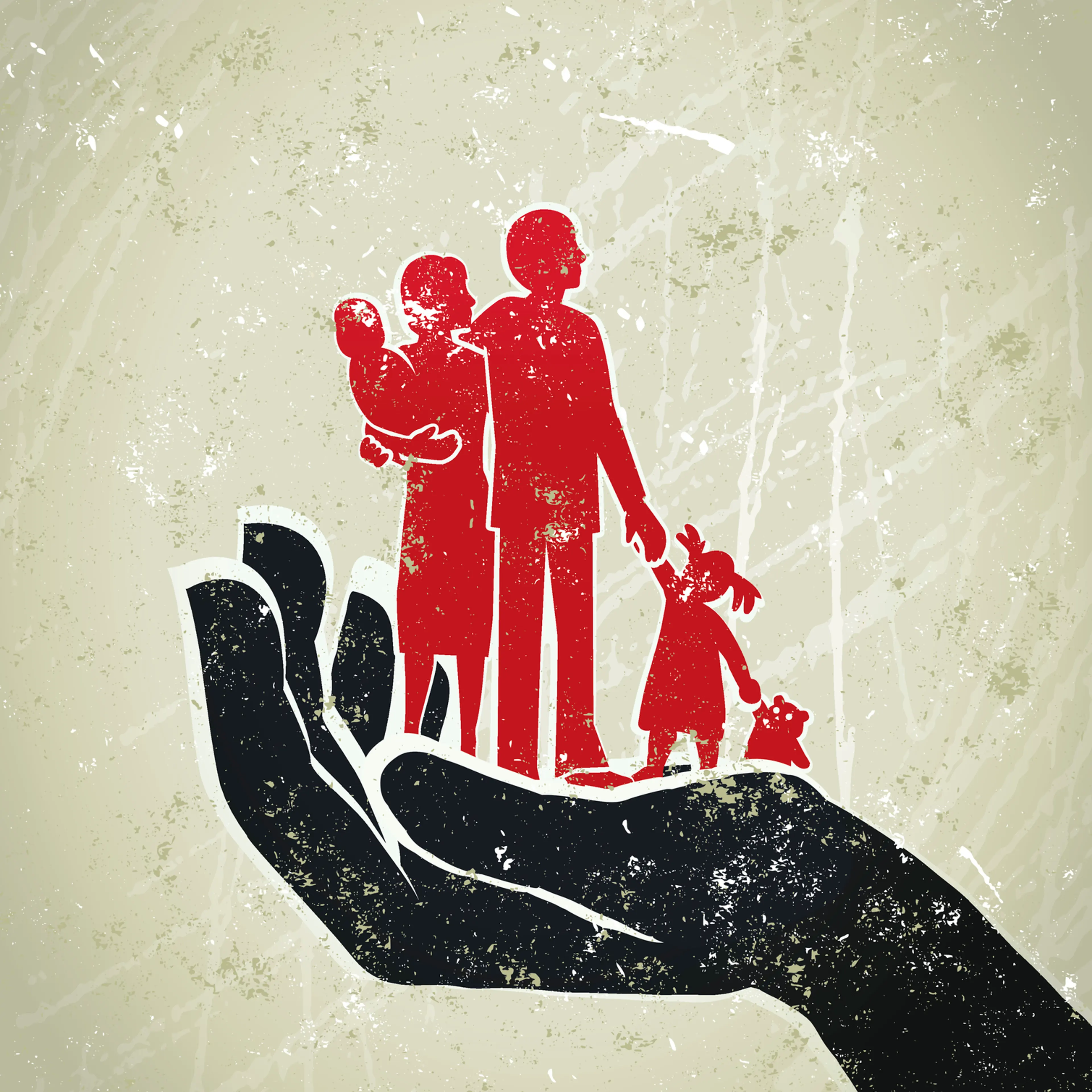 Parents, Children Standing on a Giant Protective Hand