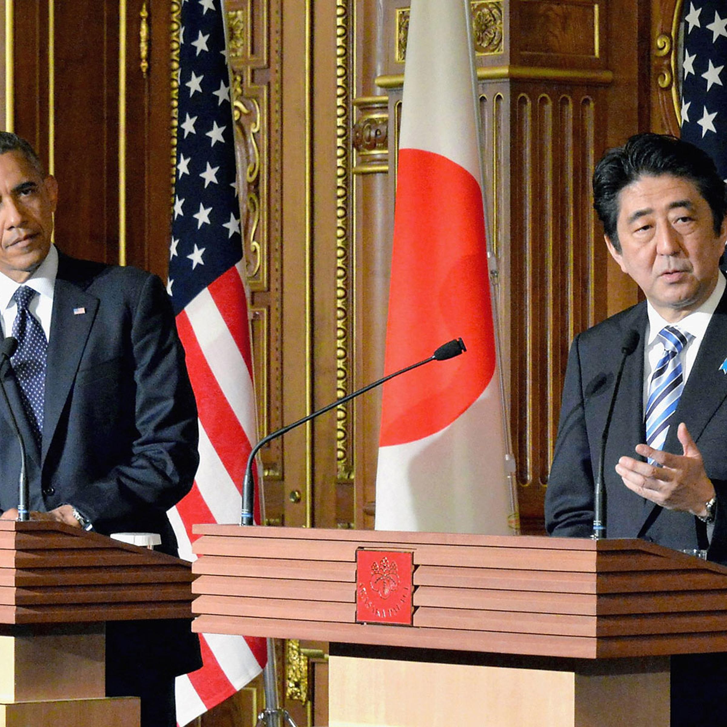 President Barack Obama and Prime Minister of Japan Shinzo Abe attend a joint news conference after their meeting at the State Guest House on April 24, 2014 in Tokyo.