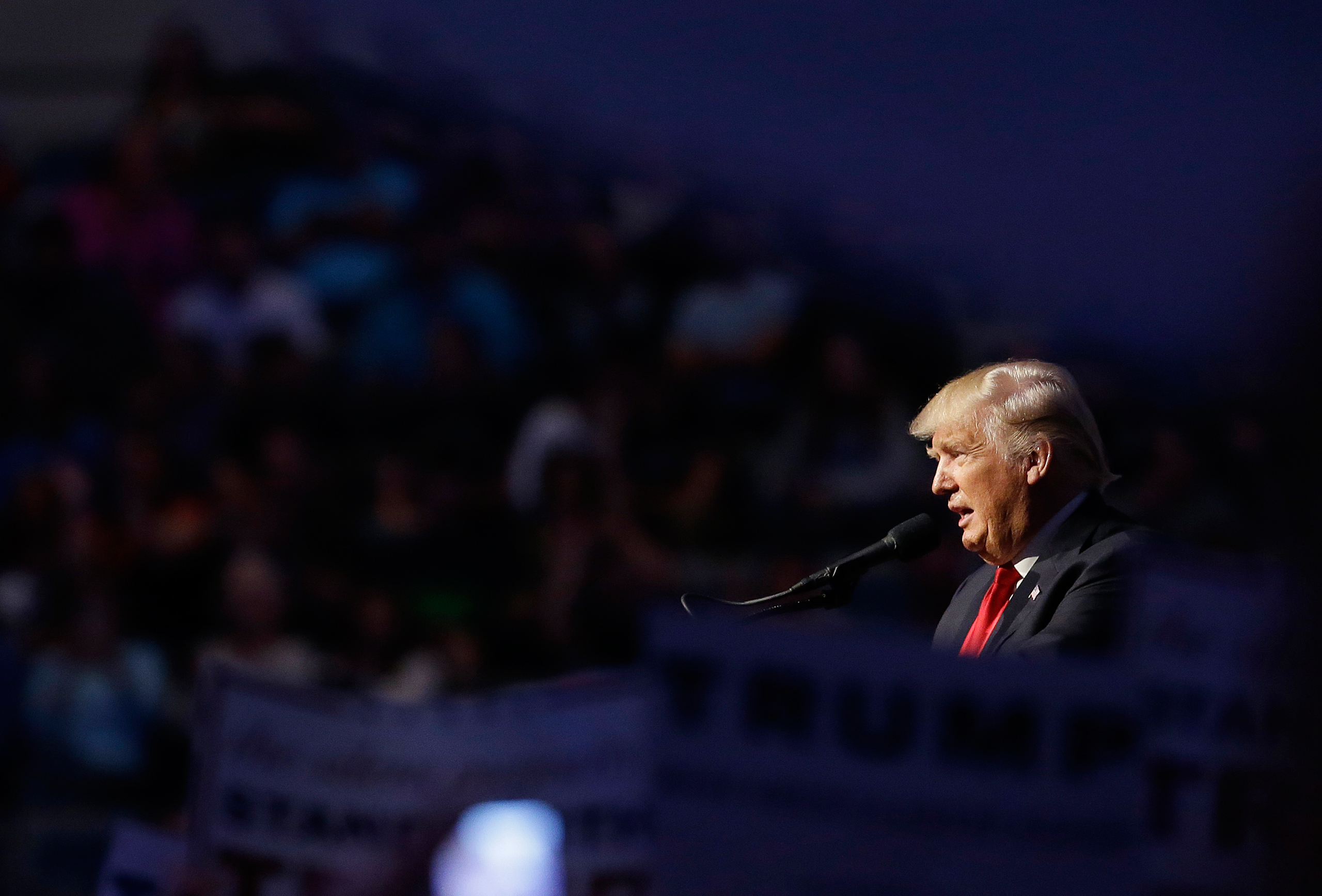Republican presidential candidate Donald Trump speaks during a campaign stop at the Allen County War Memorial Coliseum, Sunday, May 1, 2016, in Fort Wayne, Ind. (AP Photo/Darron Cummings)