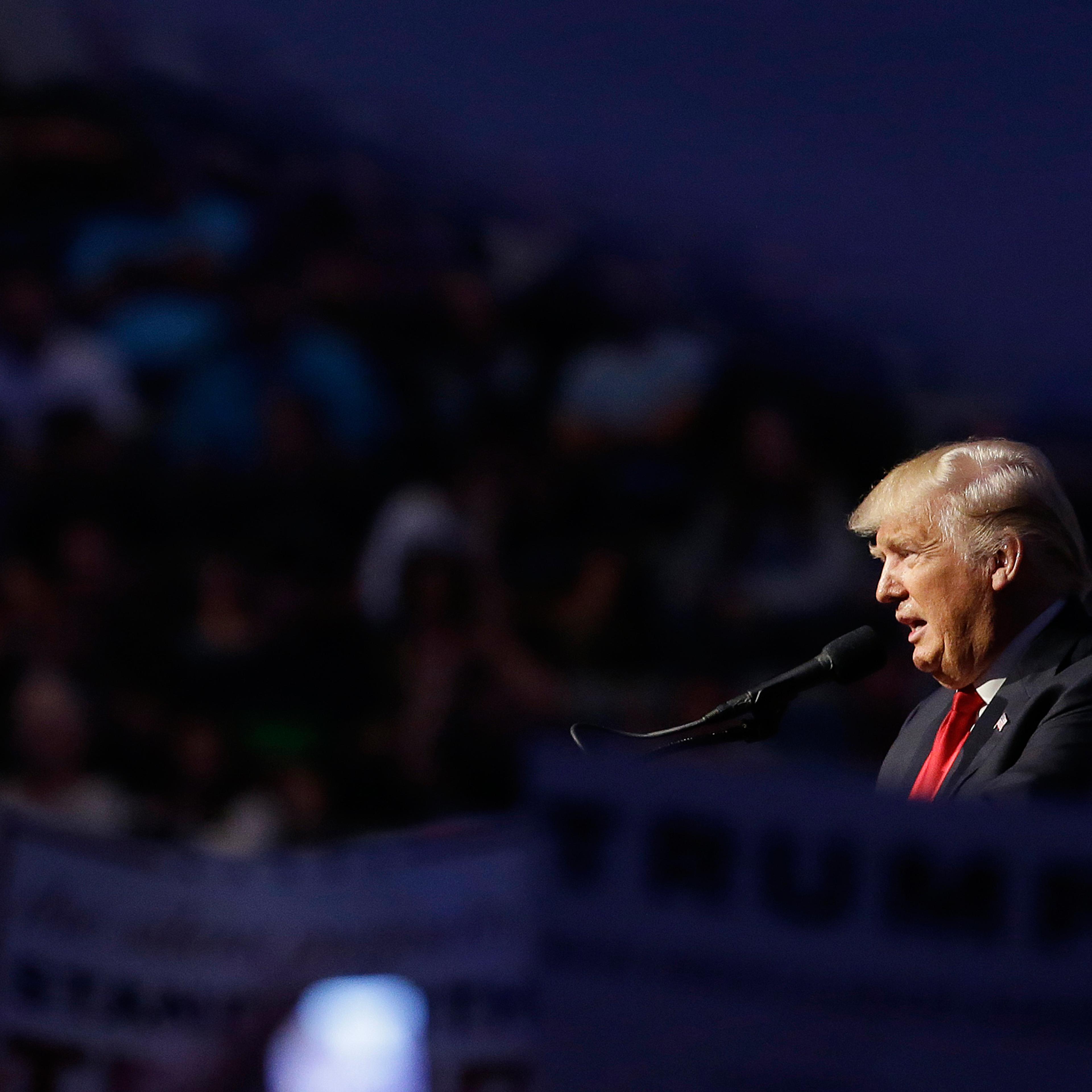 Republican presidential candidate Donald Trump speaks during a campaign stop at the Allen County War Memorial Coliseum, Sunday, May 1, 2016, in Fort Wayne, Ind. (AP Photo/Darron Cummings)