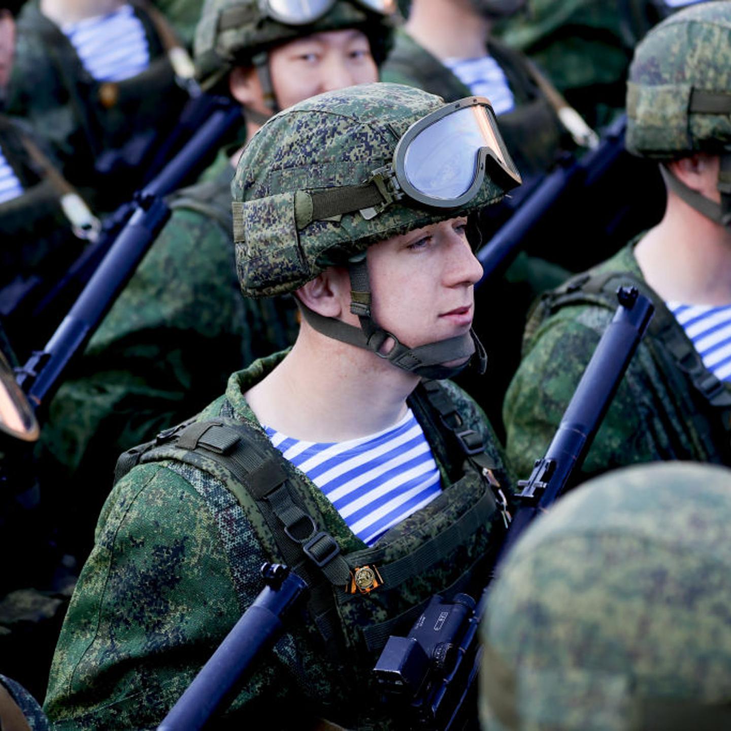 Russian officers and soldiers take part in the general rehearsals of the Victory Day Parade in front of the Kremlin at Red Square, on May 7, 2021 in Moscow, Russia.