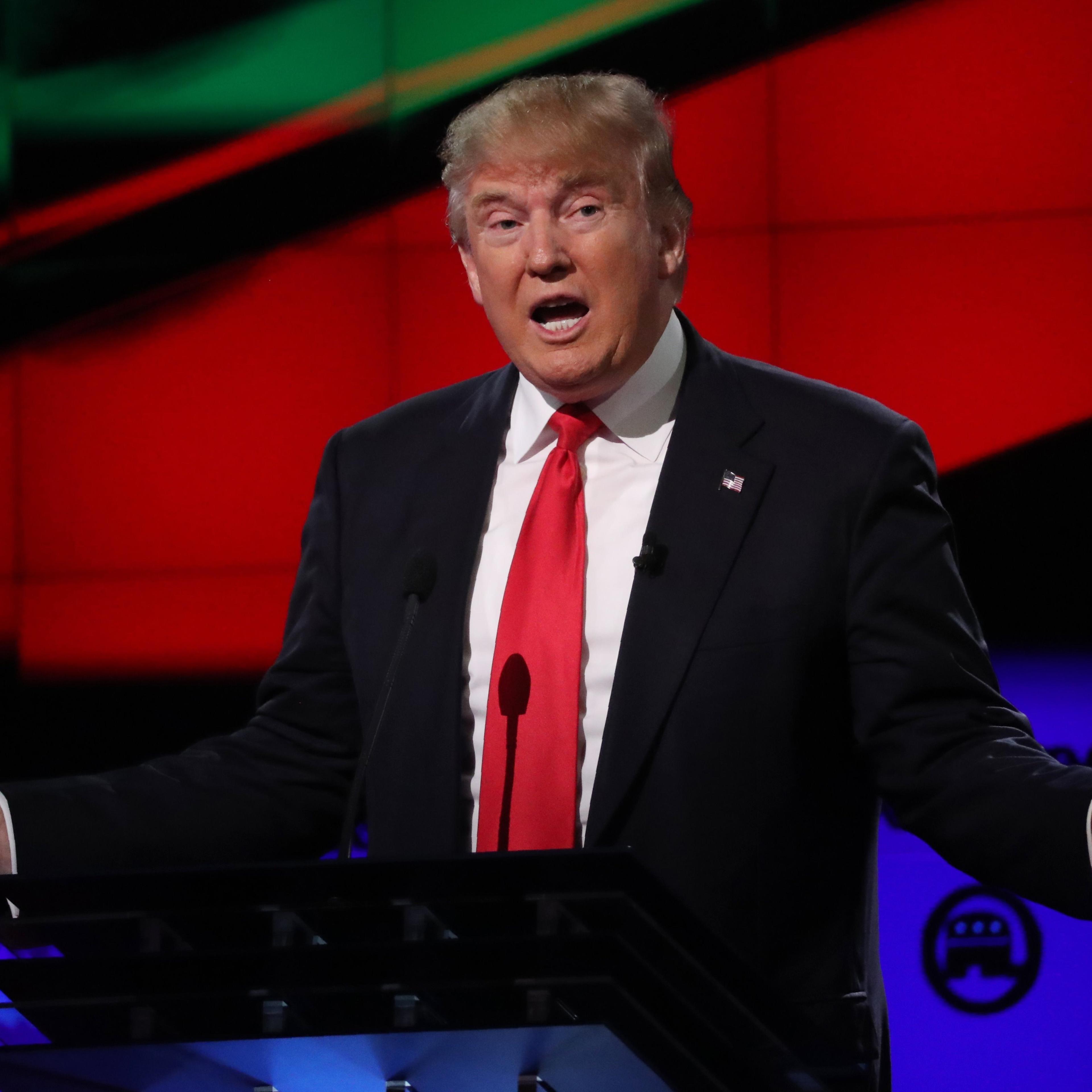 Republican U.S. presidential candidate Donald Trump speaks during the Republican candidates debate in Miami