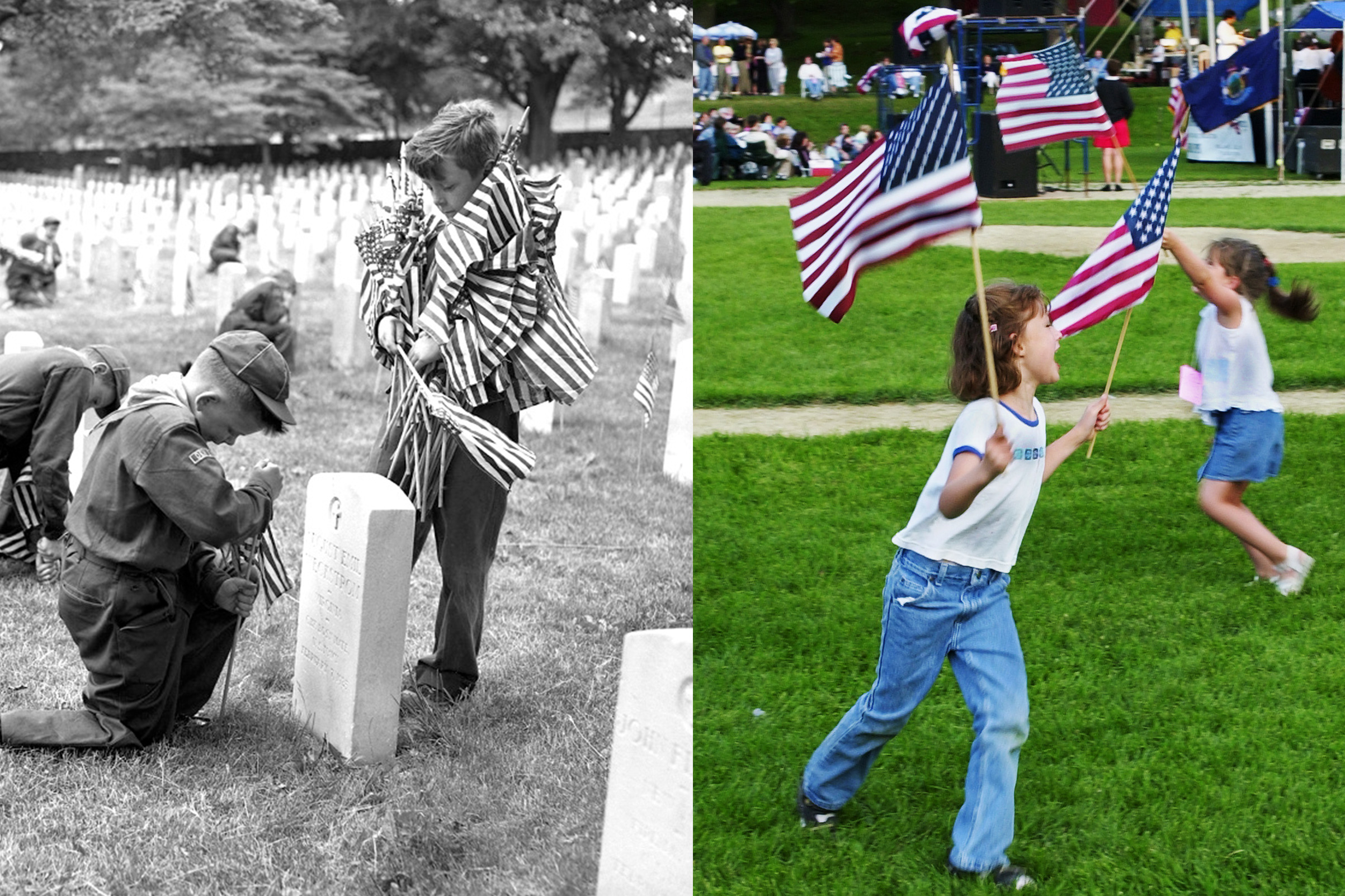 (L-R): Boy Scouts decorating graves for Memorial Day, 1955; Two young girls running around with American Flags from Memorial Day, 2001.