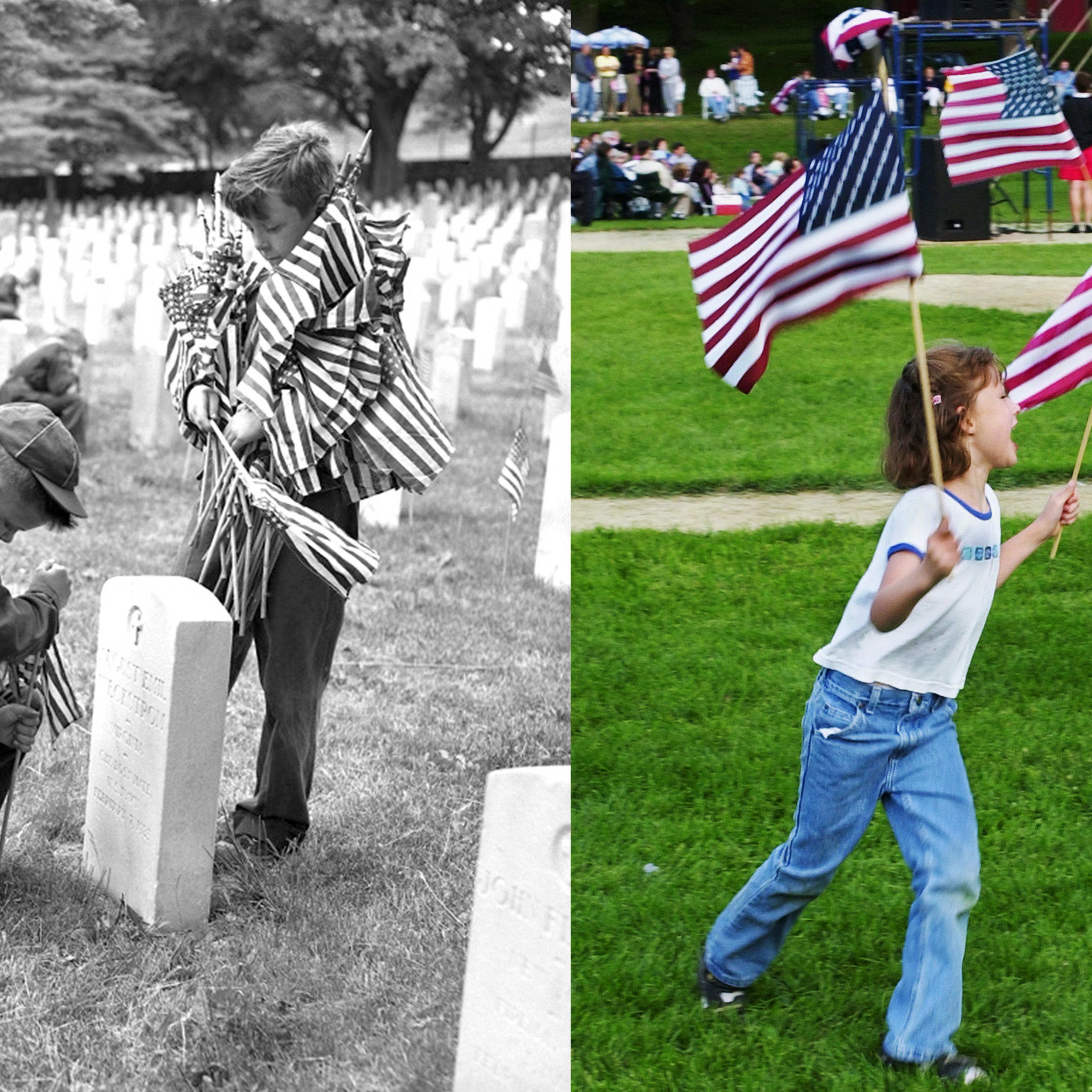 (L-R): Boy Scouts decorating graves for Memorial Day, 1955; Two young girls running around with American Flags from Memorial Day, 2001.