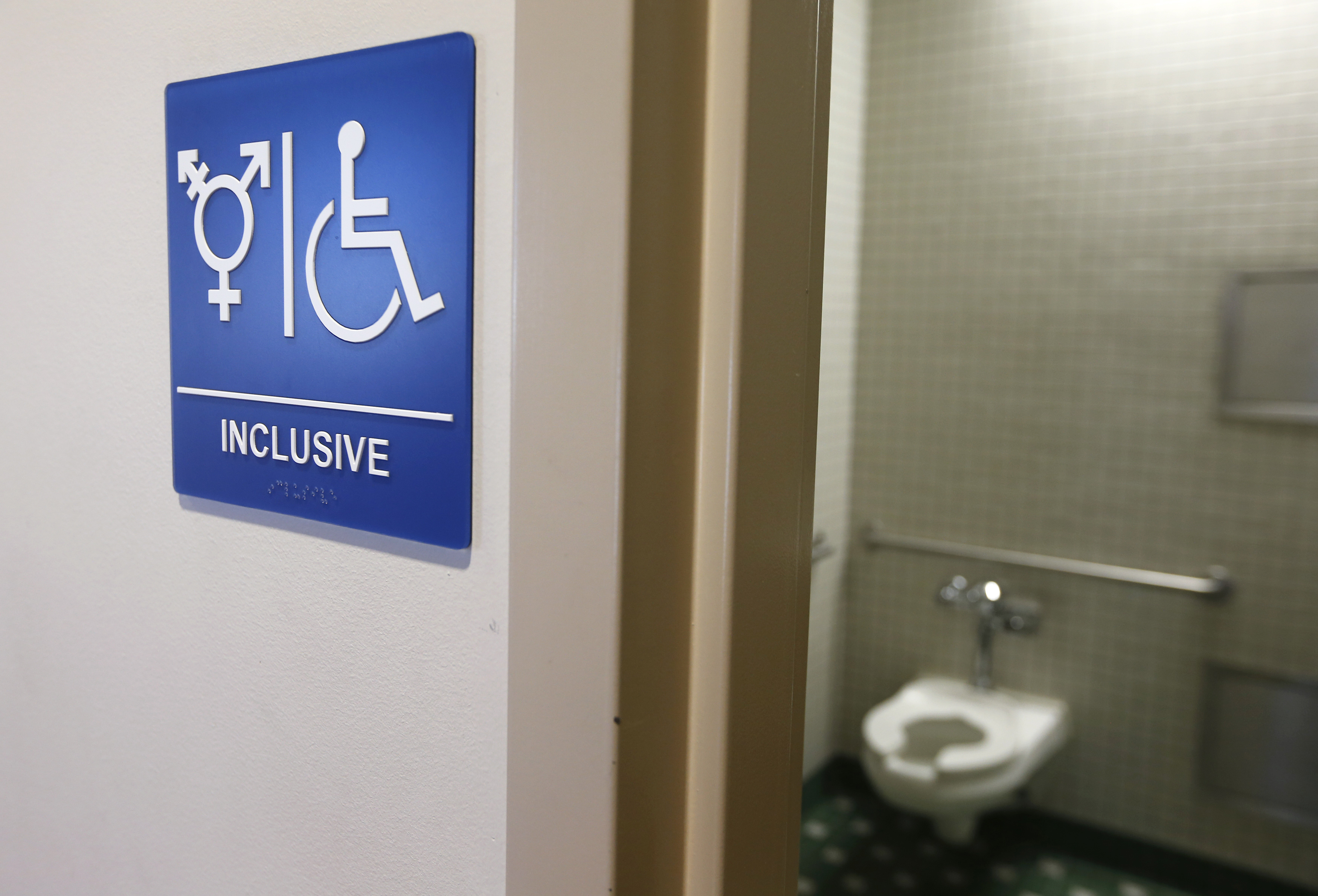 A gender-neutral bathroom is seen at the University of California, Irvine in Irvine, Calif., Sept. 30, 2014.
