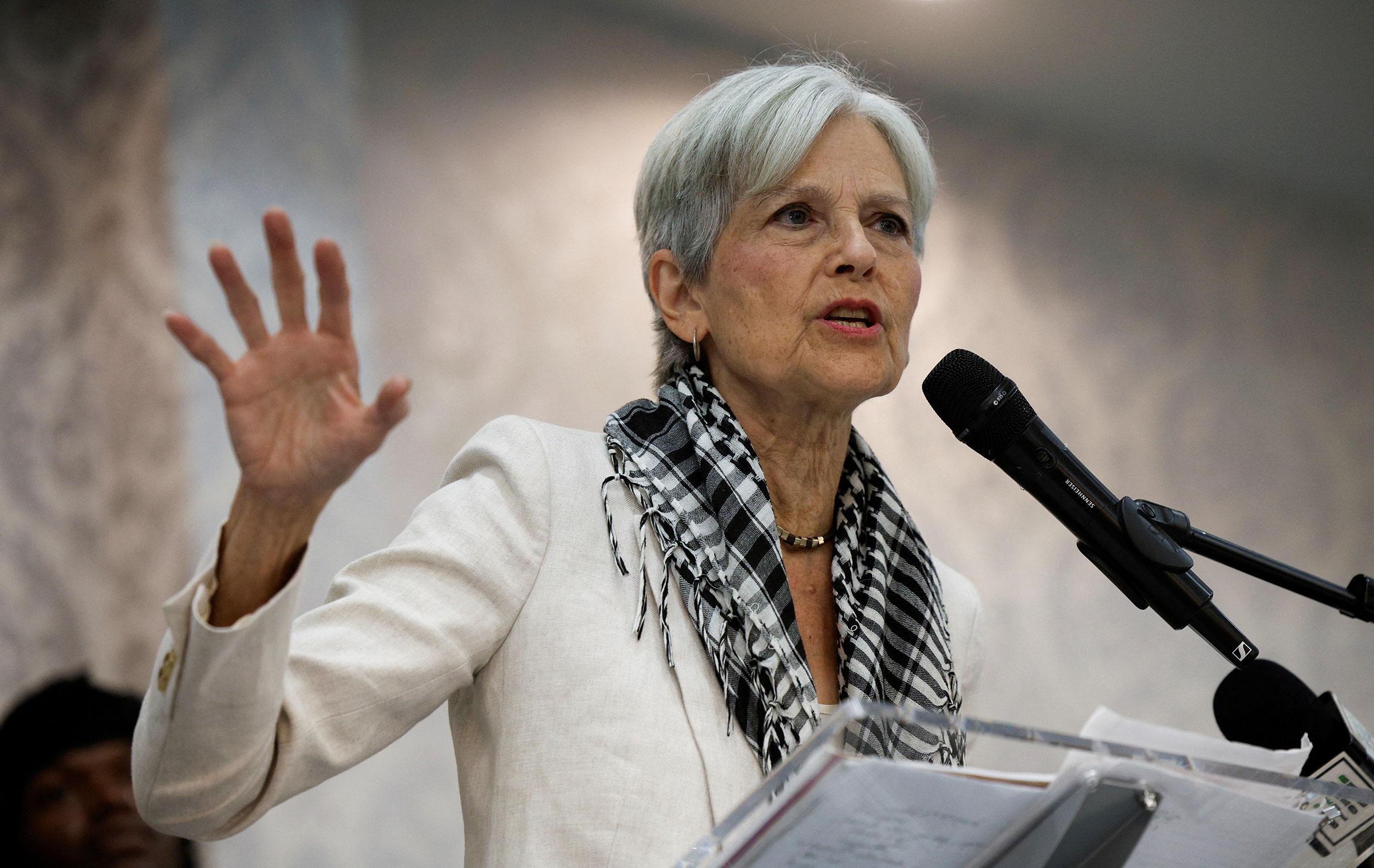 Green Party presidential nominee Jill Stein speaks during a rally in Dearborn, Mich., U.S., on Oct. 6, 2024.