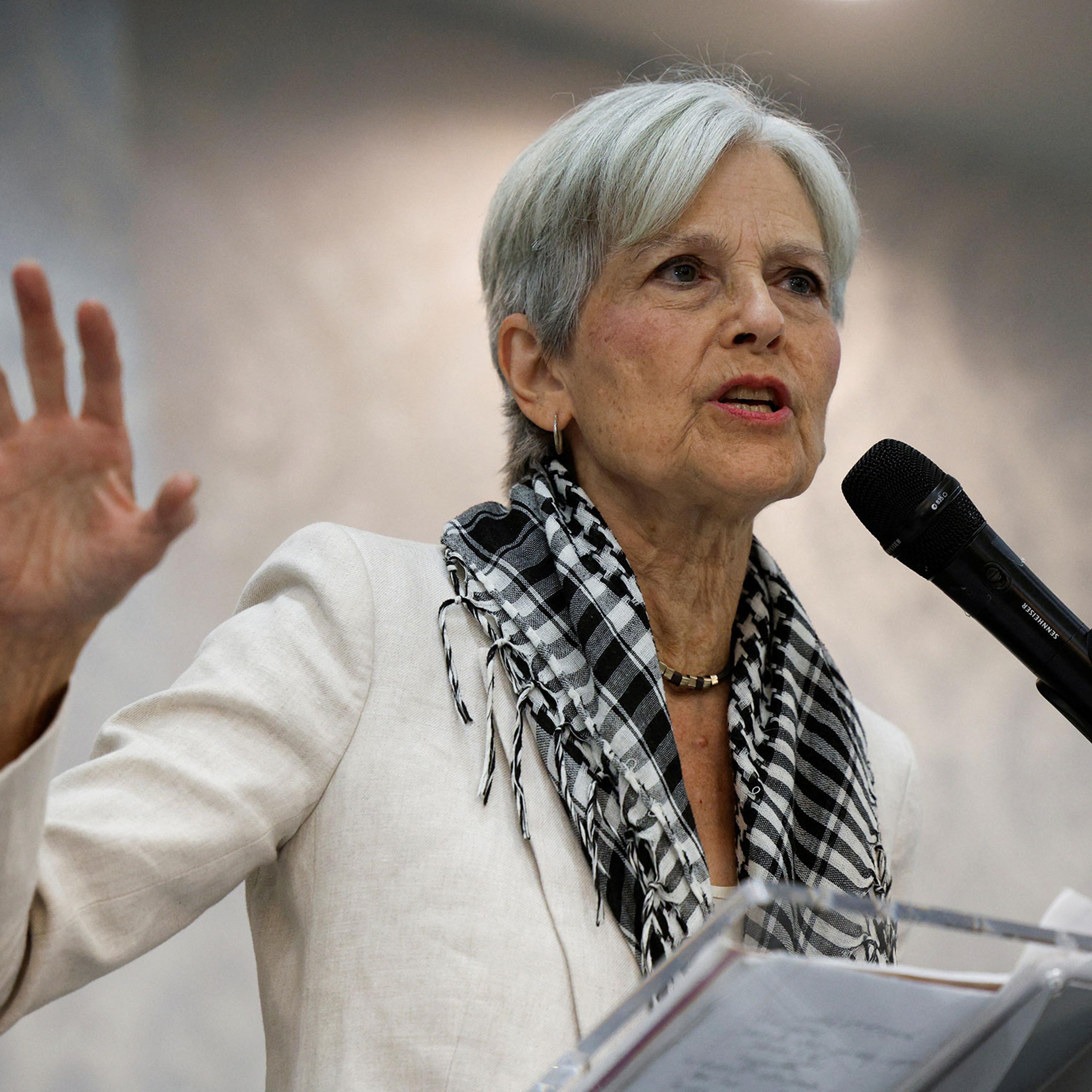 Green Party presidential nominee Jill Stein speaks during a rally in Dearborn, Mich., U.S., on Oct. 6, 2024.