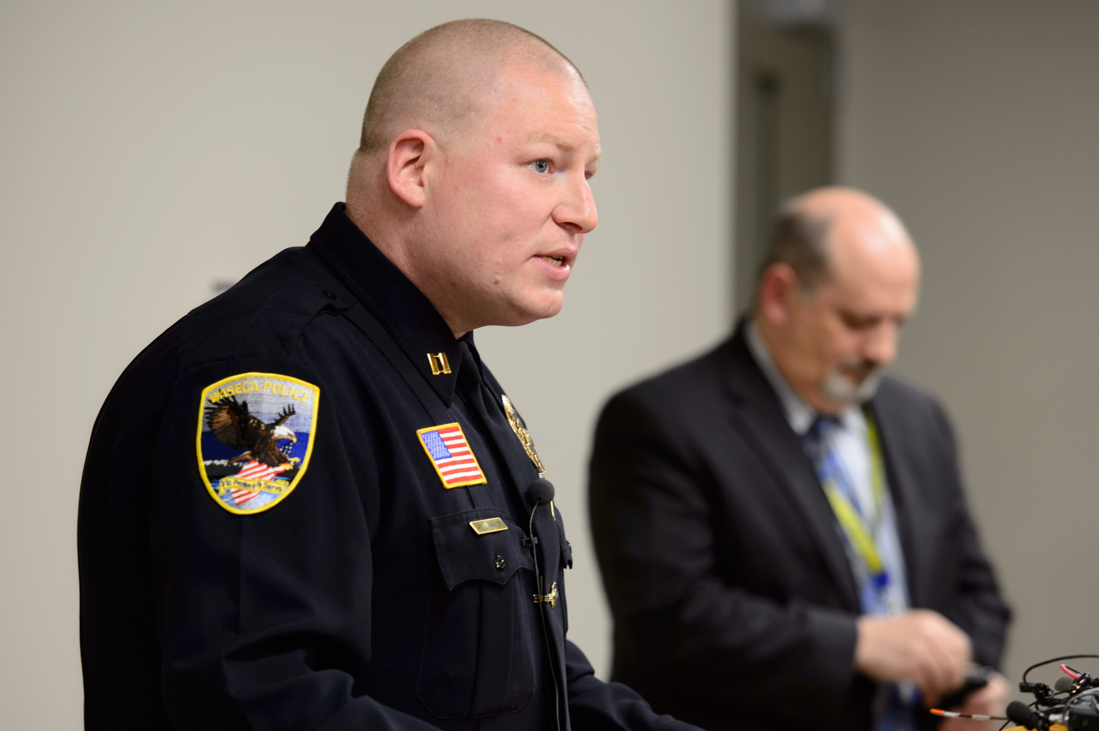 Waseca Police Captain Kris Markeson, left, and Waseca school Superintendent Tom Lee spoke at a news conference on May 1, about the 17-year-old arrested in plot to kill family and massacre students at Waseca school.