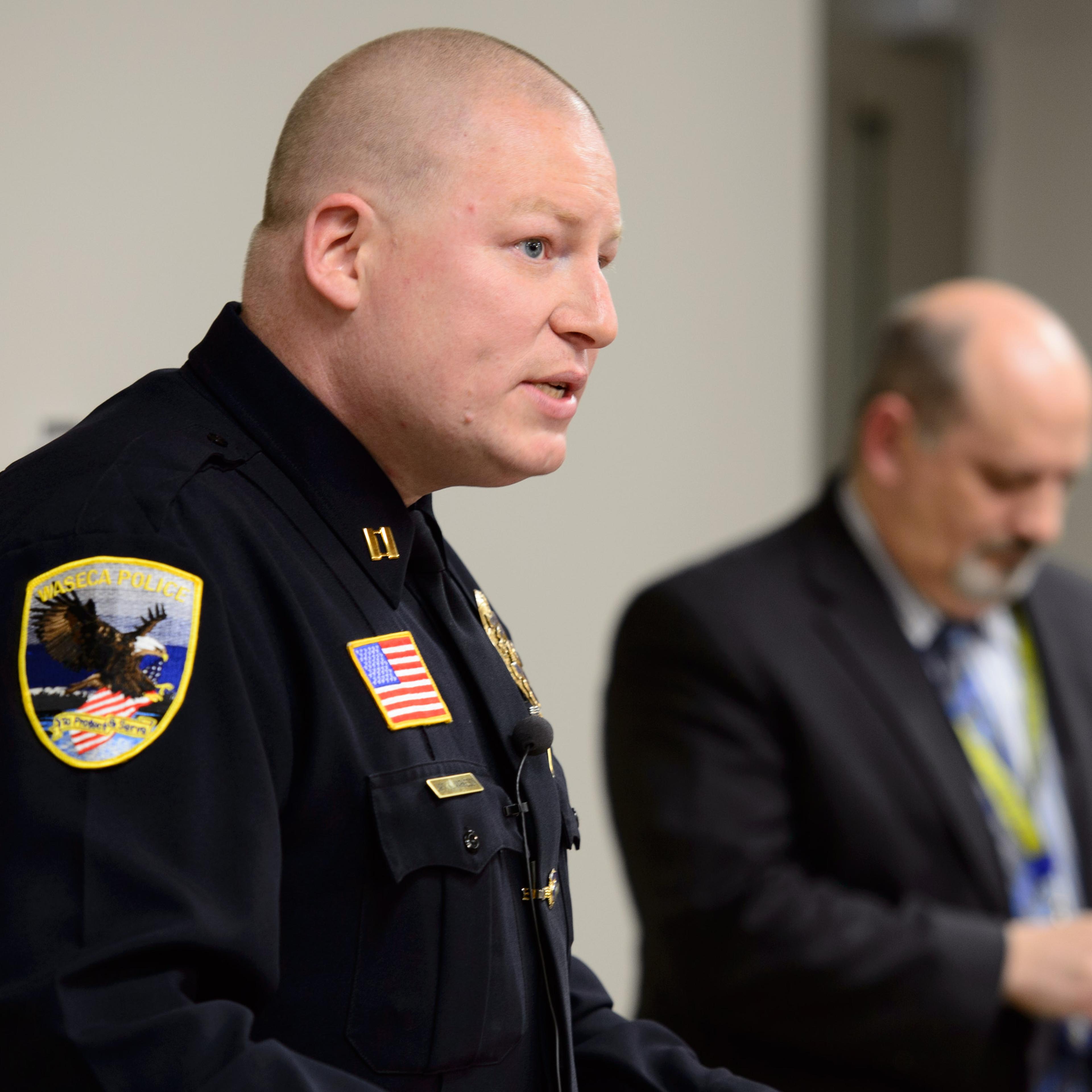 Waseca Police Captain Kris Markeson, left, and Waseca school Superintendent Tom Lee spoke at a news conference on May 1, about the 17-year-old arrested in plot to kill family and massacre students at Waseca school.