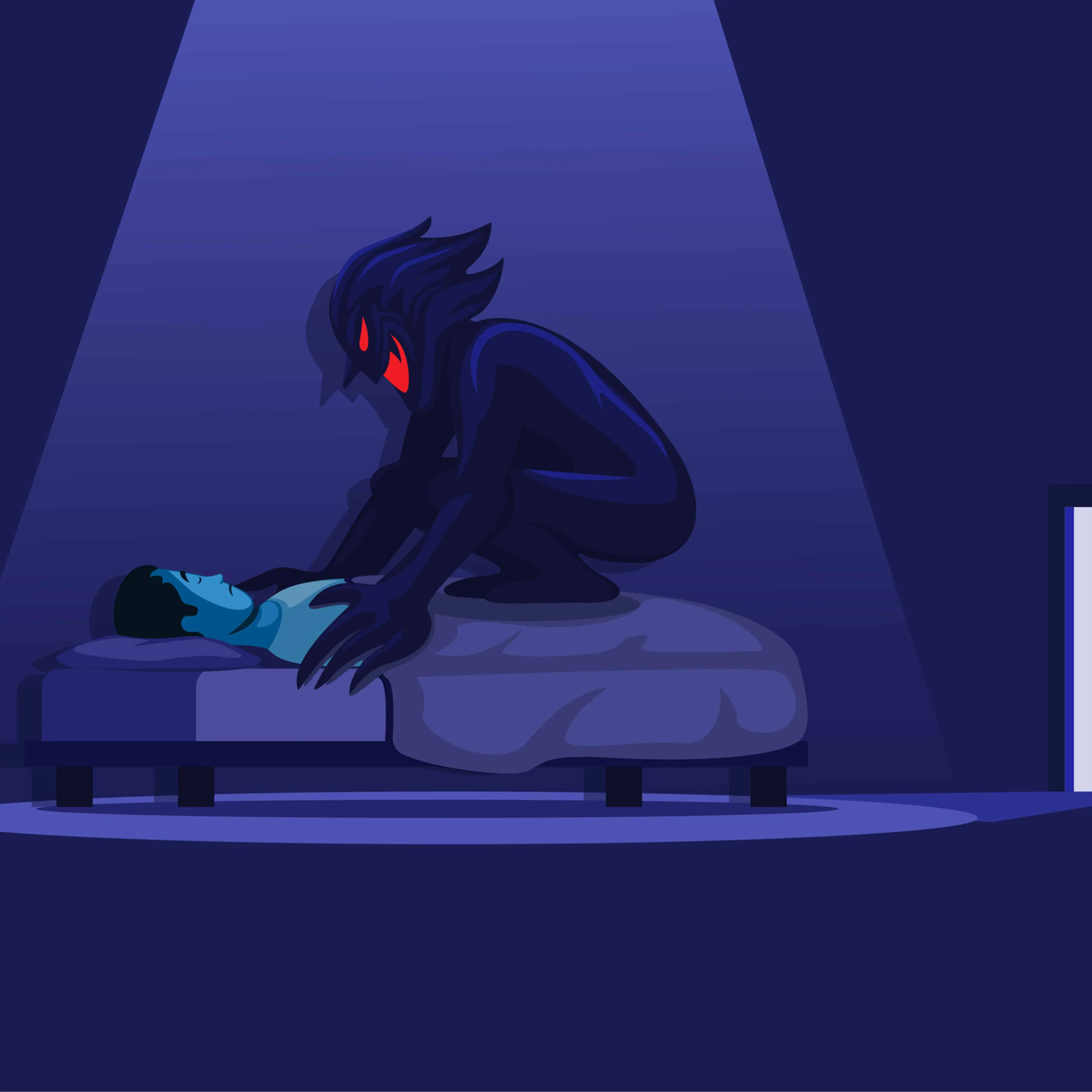 Sleep Paralysis with Demon in bed. nightmare horror scene illustration vector