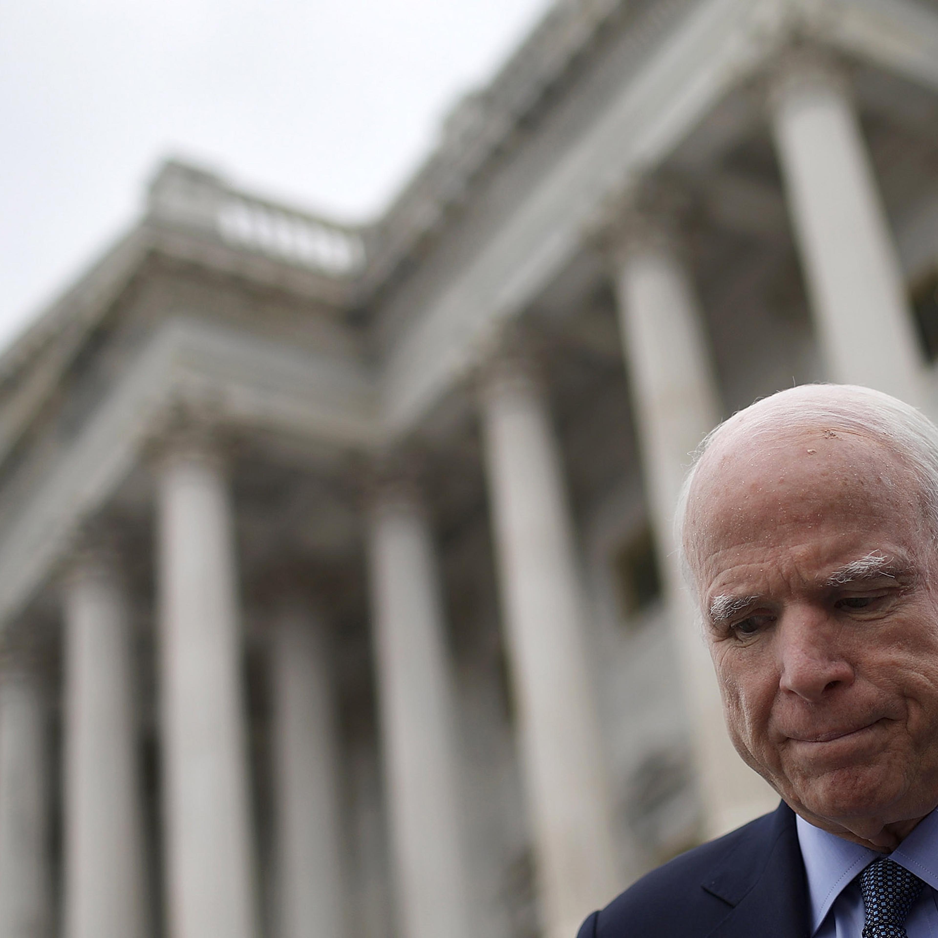 WASHINGTON, DC - APRIL 26: After answering questions from reporters, Sen. John McCain departs the U.S. Capitol for a briefing on North Korea at the White House April 26, 2017 in Washington, DC. Members of U.S. President Donald Trump's national security t