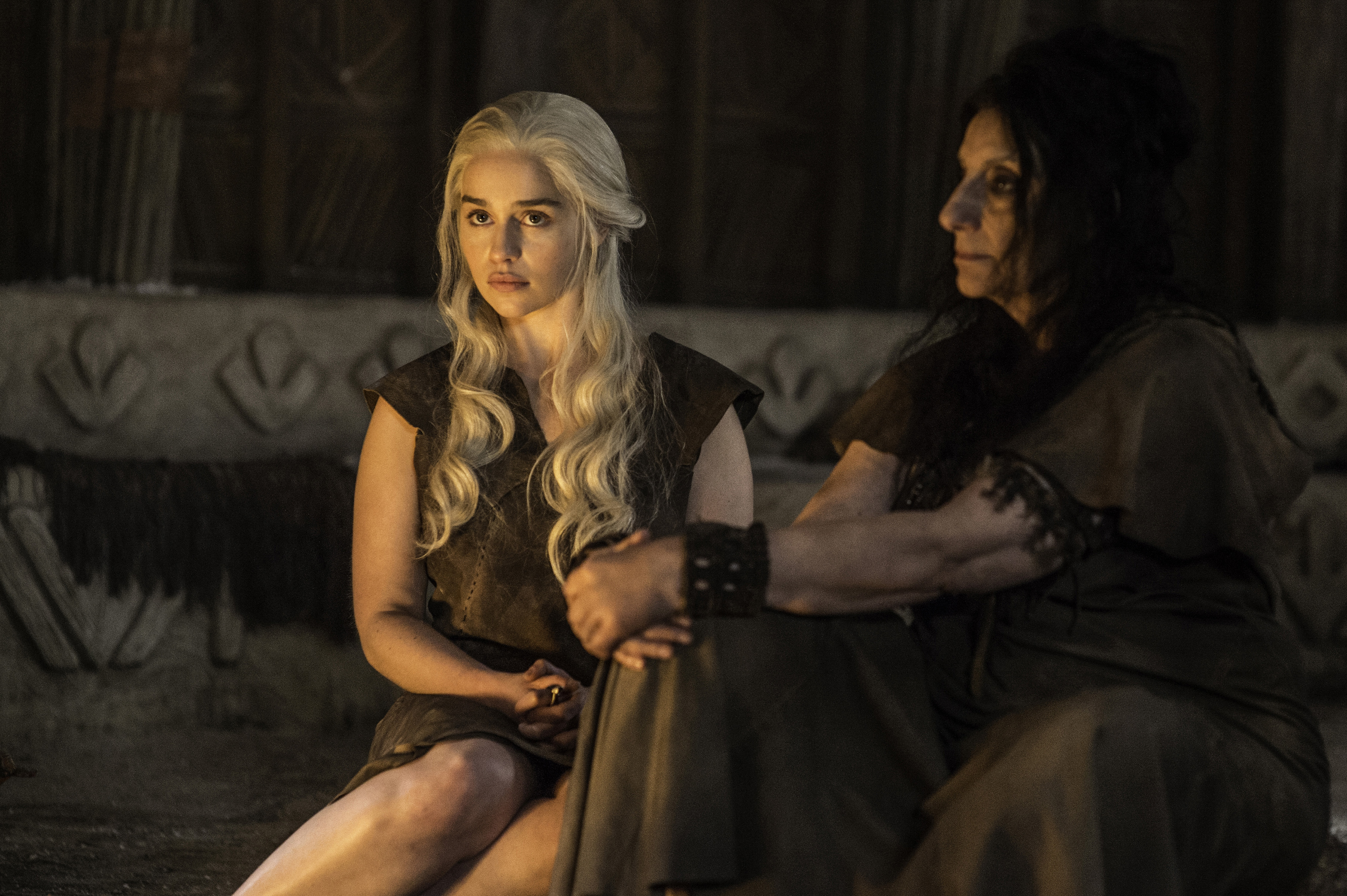 Emilia Clarke (L) and Souad Faress (R) in HBO's <i>Game of Thrones</i>