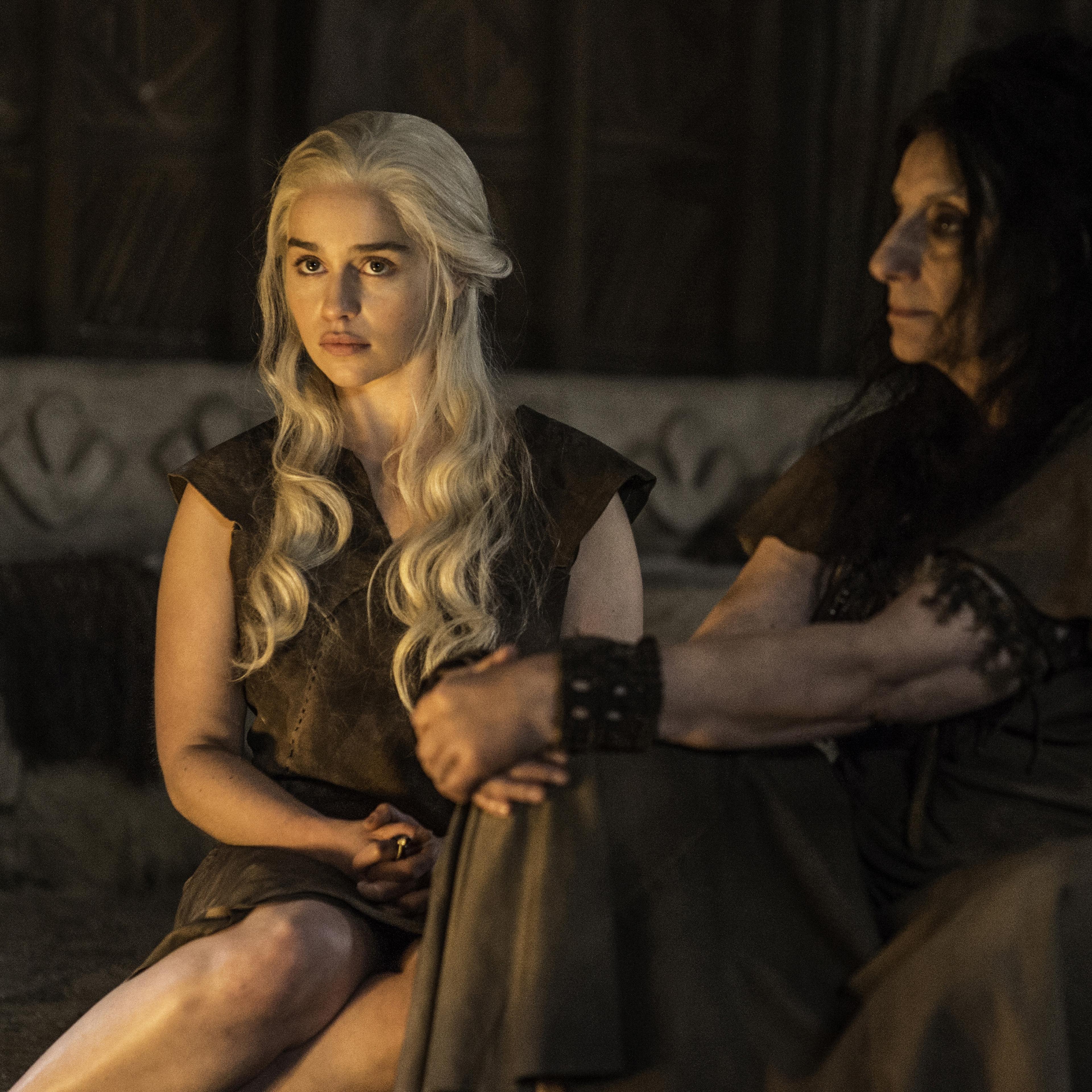 Emilia Clarke (L) and Souad Faress (R) in HBO's <i>Game of Thrones</i>