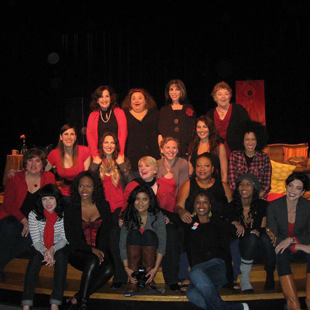 Julie Goldstein, second from the left in the second row, is seen amongst the 2011 V-Day LA cast