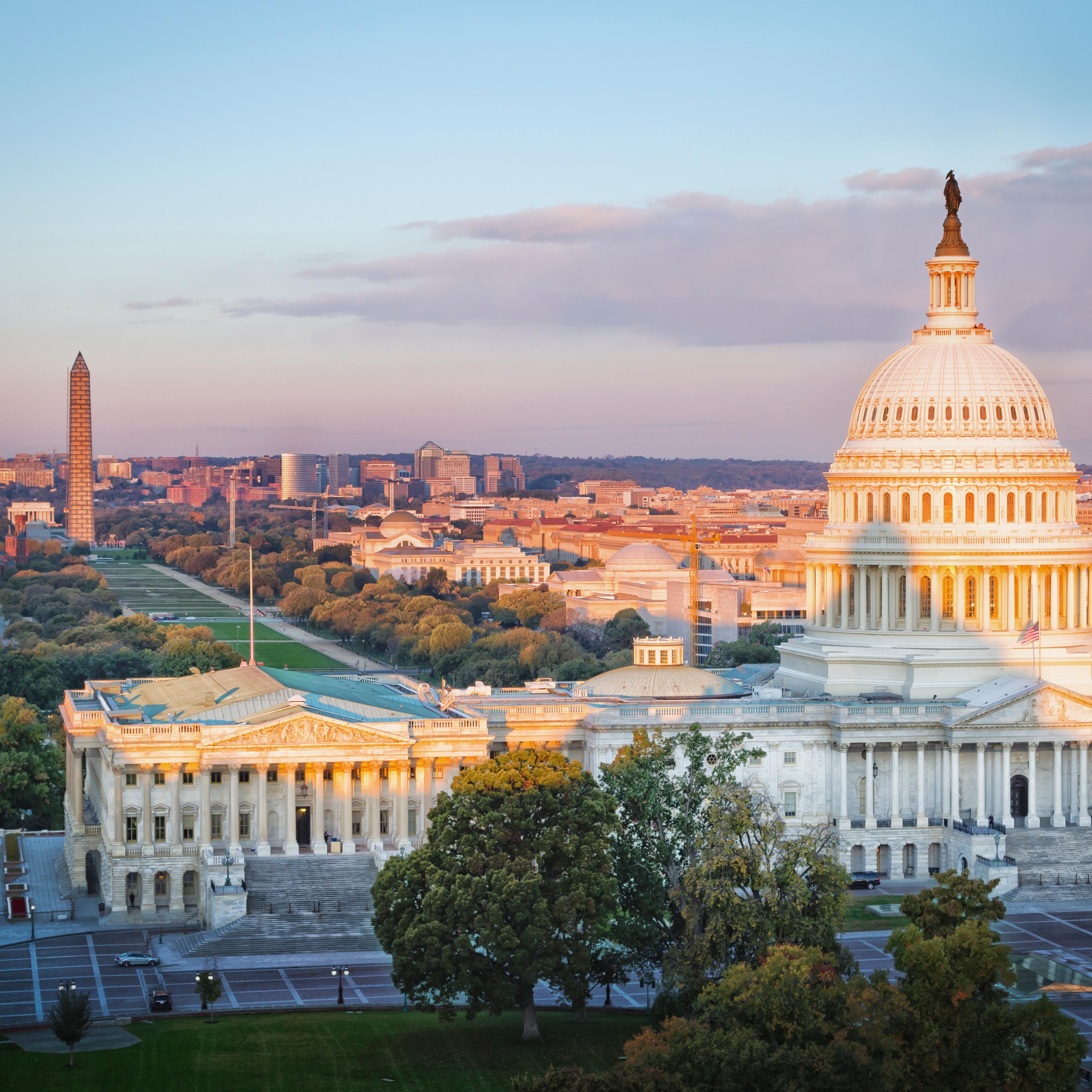 US Capitol Building, National Mall and Northwest Washington at sunrise from Library of Congress, Washington DC, USA