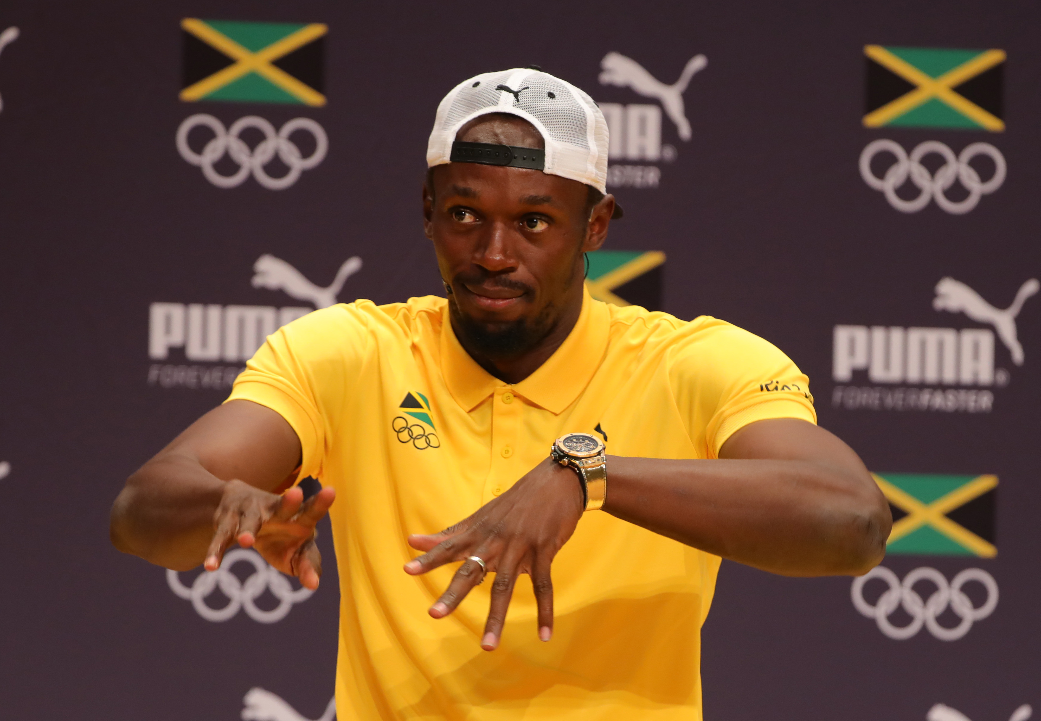 Athlete Usain Bolt of Jamaica attends a press conference of the Jamaican Olympic Association and PUMA in Barra during the Rio 2016 Olympic Games in Rio de Janeiro, on Aug. 6