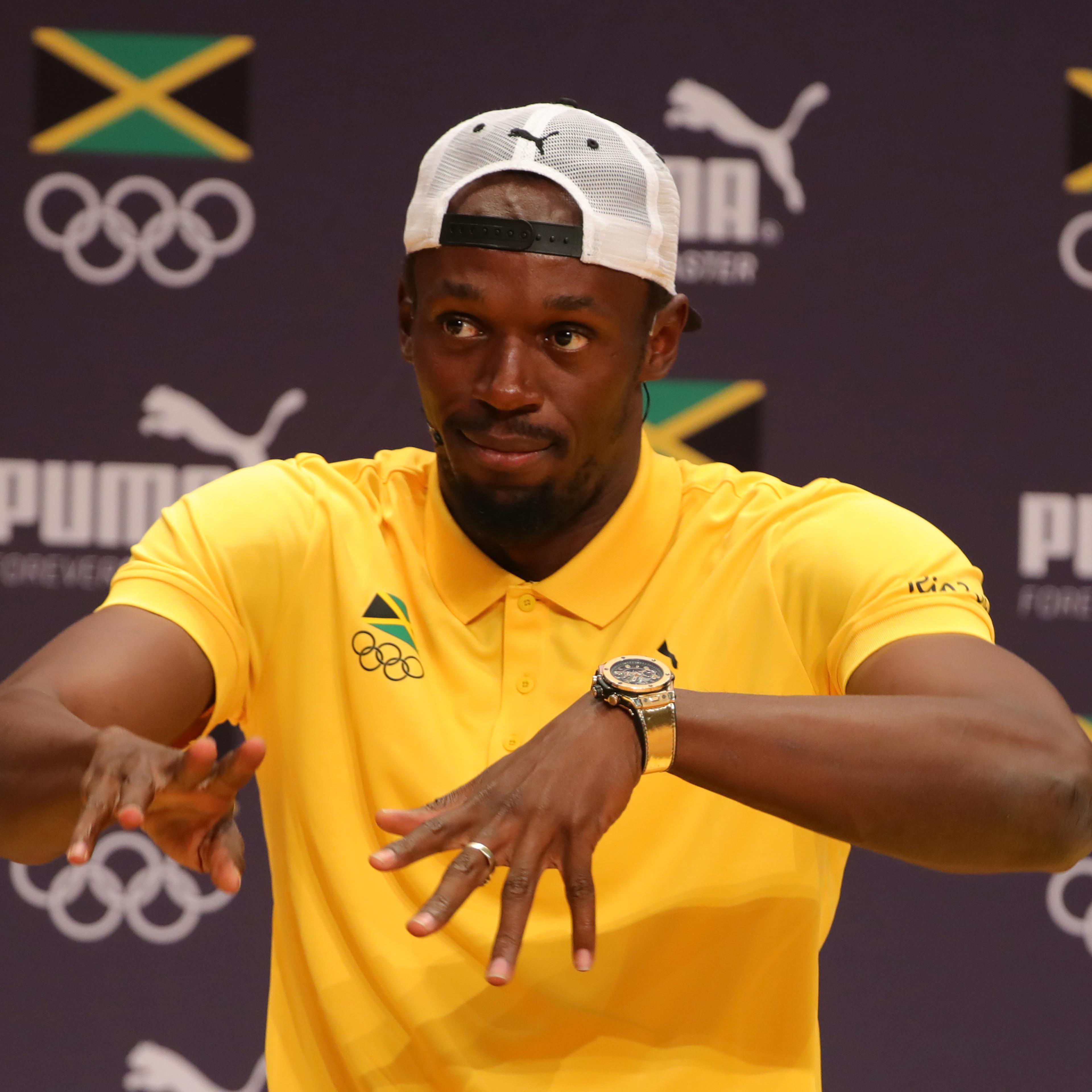 Athlete Usain Bolt of Jamaica attends a press conference of the Jamaican Olympic Association and PUMA in Barra during the Rio 2016 Olympic Games in Rio de Janeiro, on Aug. 6