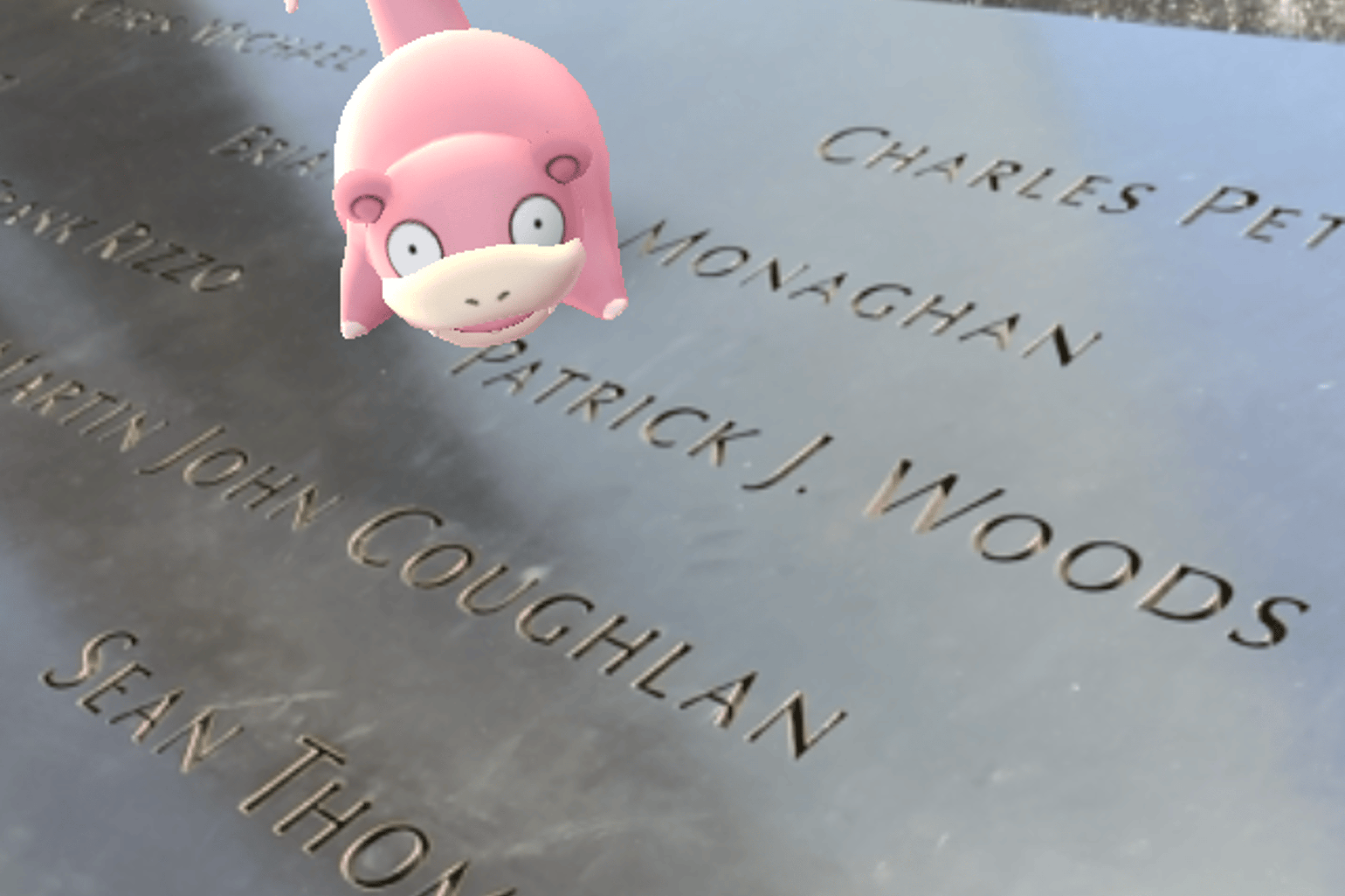 Pokémon, including this Slowpoke, can be spotted by "Pokémon Go" players around the 9/11 Memorial in New York City on July 12, 2016.