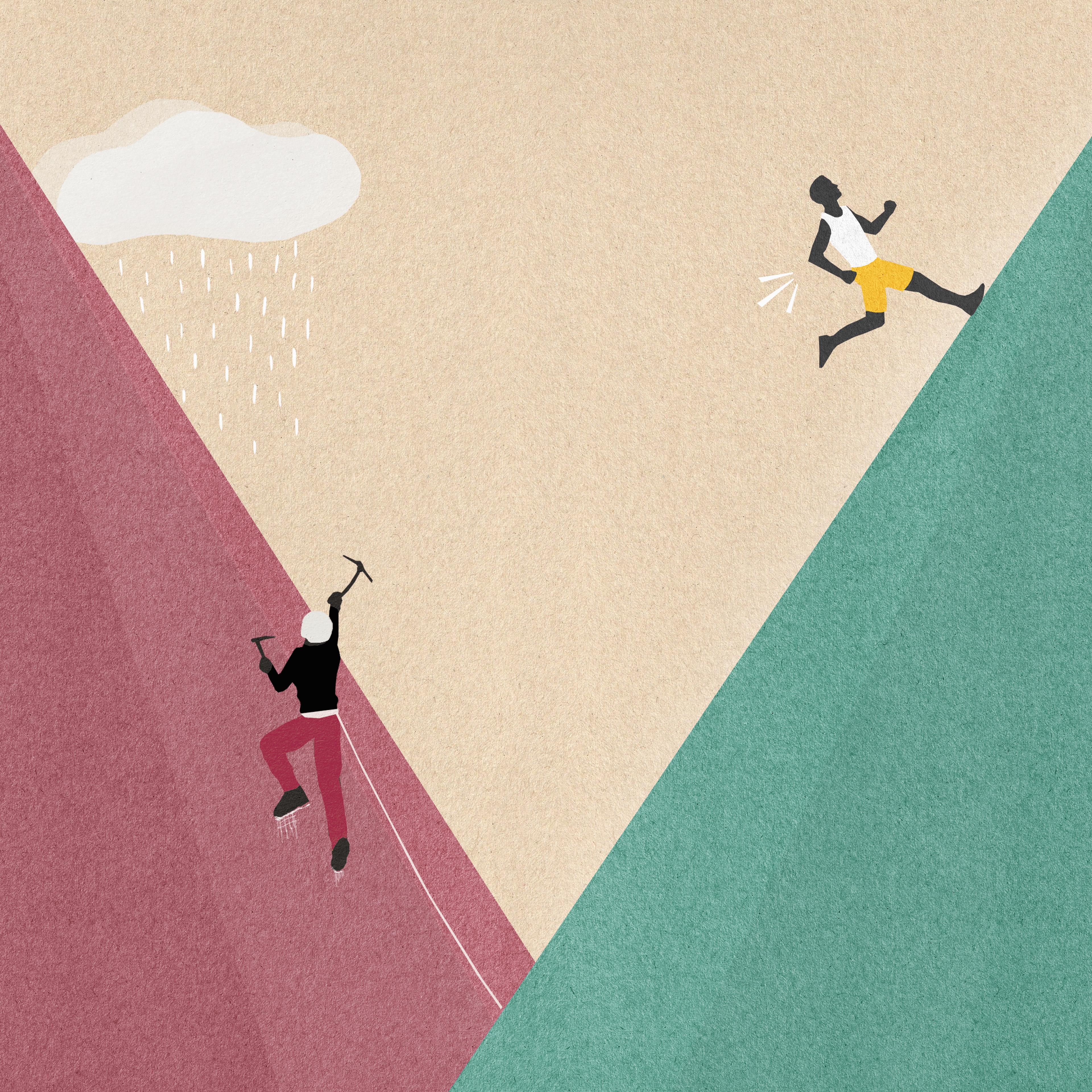 Runner ascending steep slope faster than mountain climber