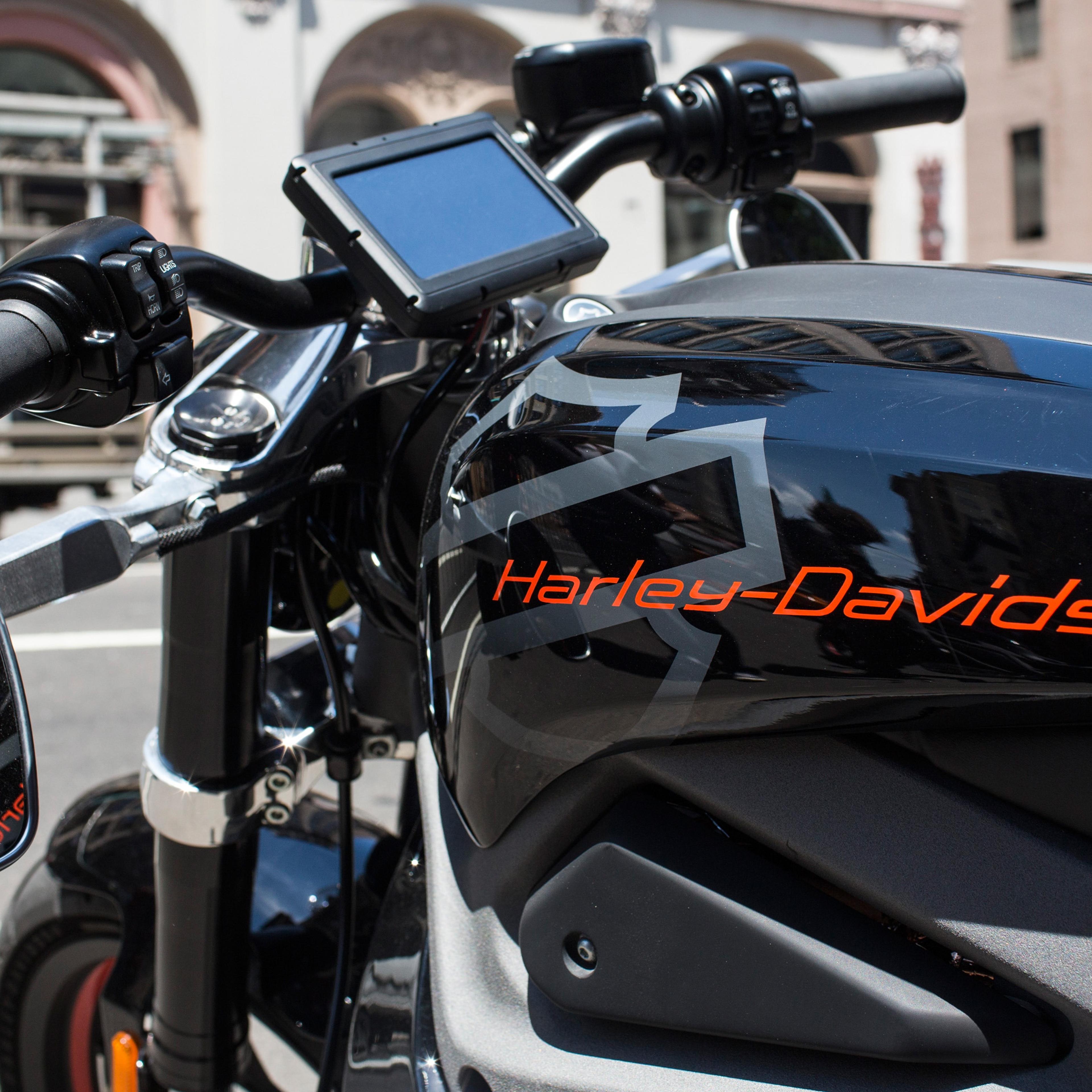 A Harley Davidson Livewire motorcycle, Harley Davidson's first electric bike, sits on display outside the Harley Davidson Store on June 23, 2014 in New York City.