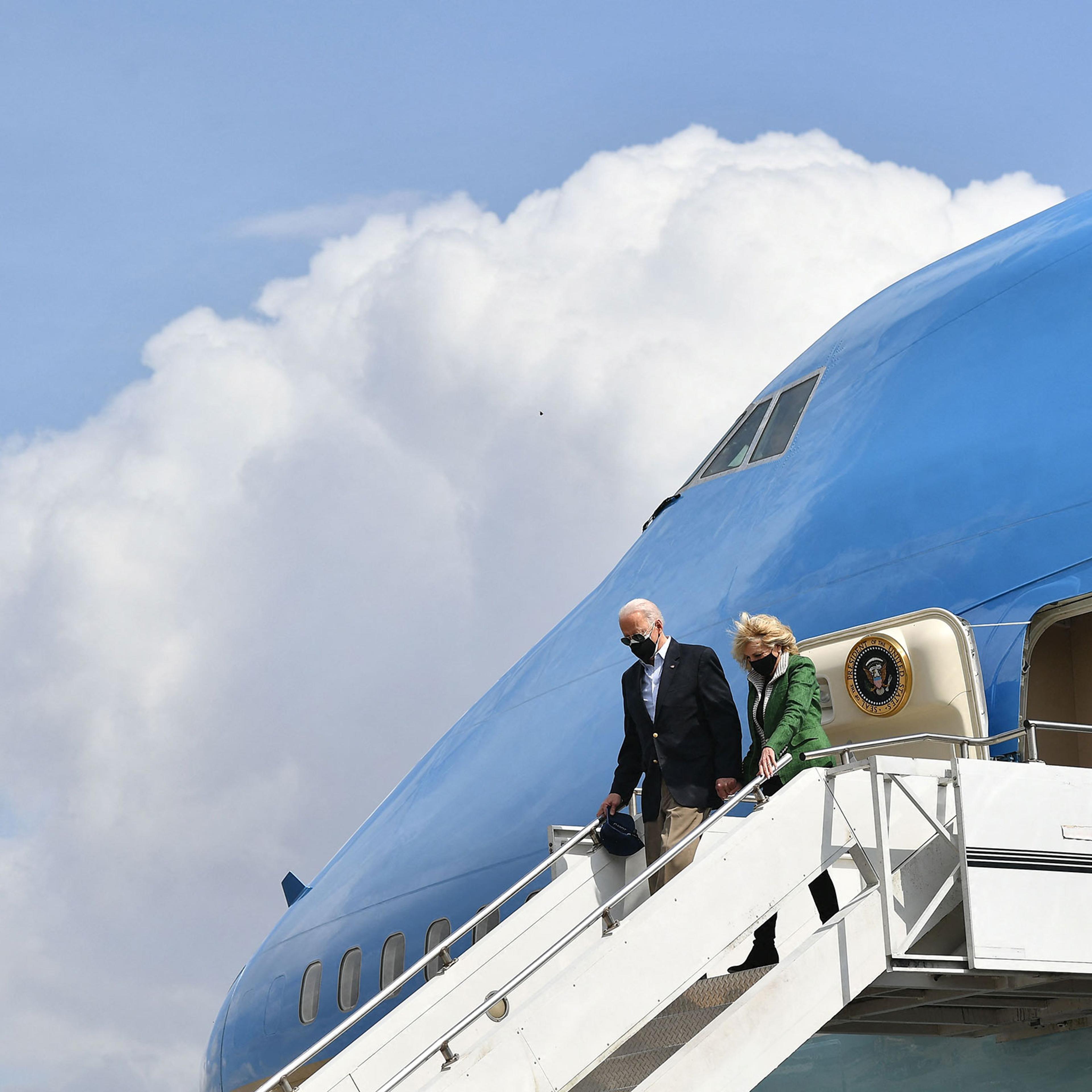 President Joe Biden and First Lady Jill Biden step off Air Force One upon arrival at Ellington Field Joint Reserve Base in Houston, Texas on Feb. 26, 2021.