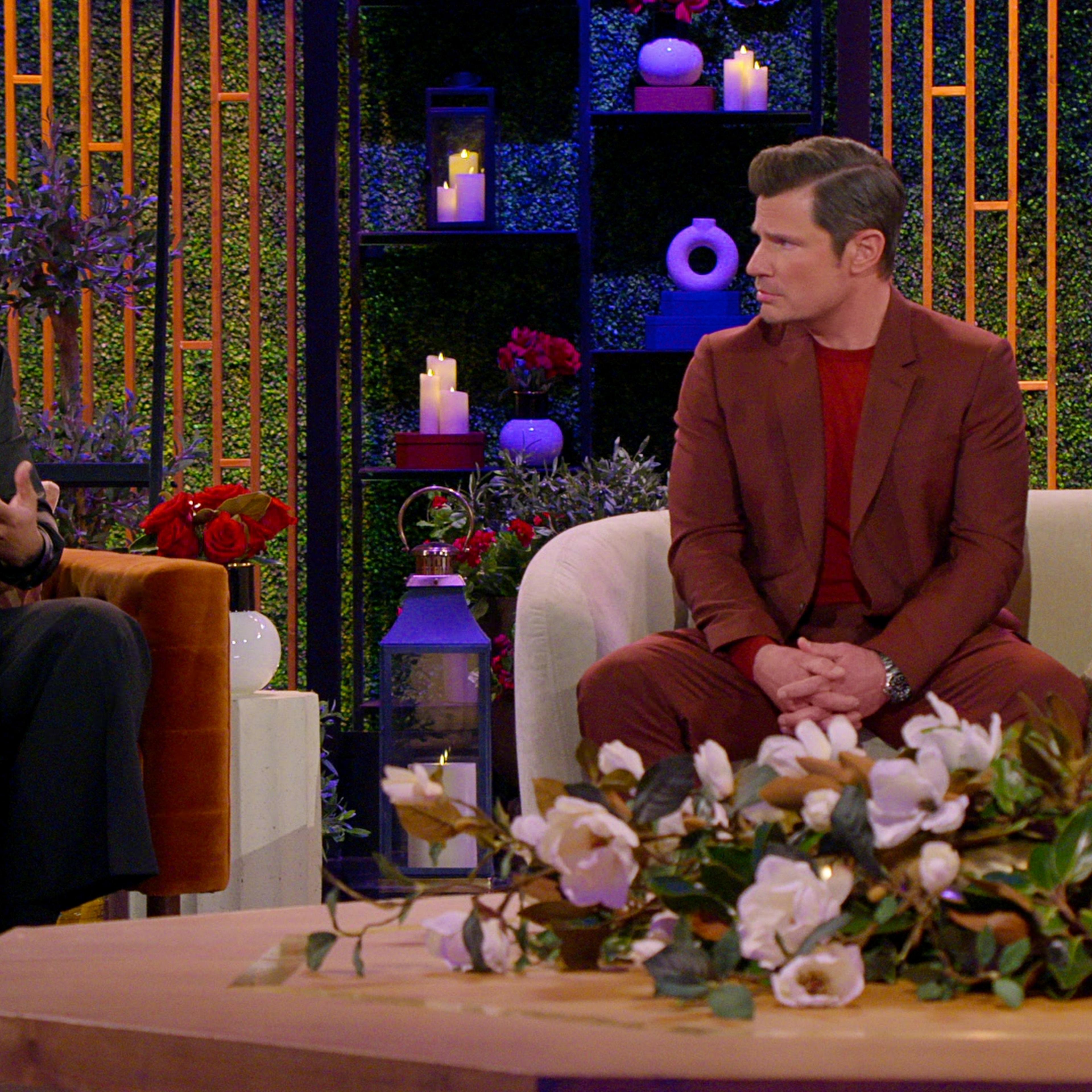 Love is Blind. (L to R) Devin Buckley, Nick Lachey, Vanessa Lachey in episode 814 of Love is Blind. Cr. Courtesy of Netflix © 2025