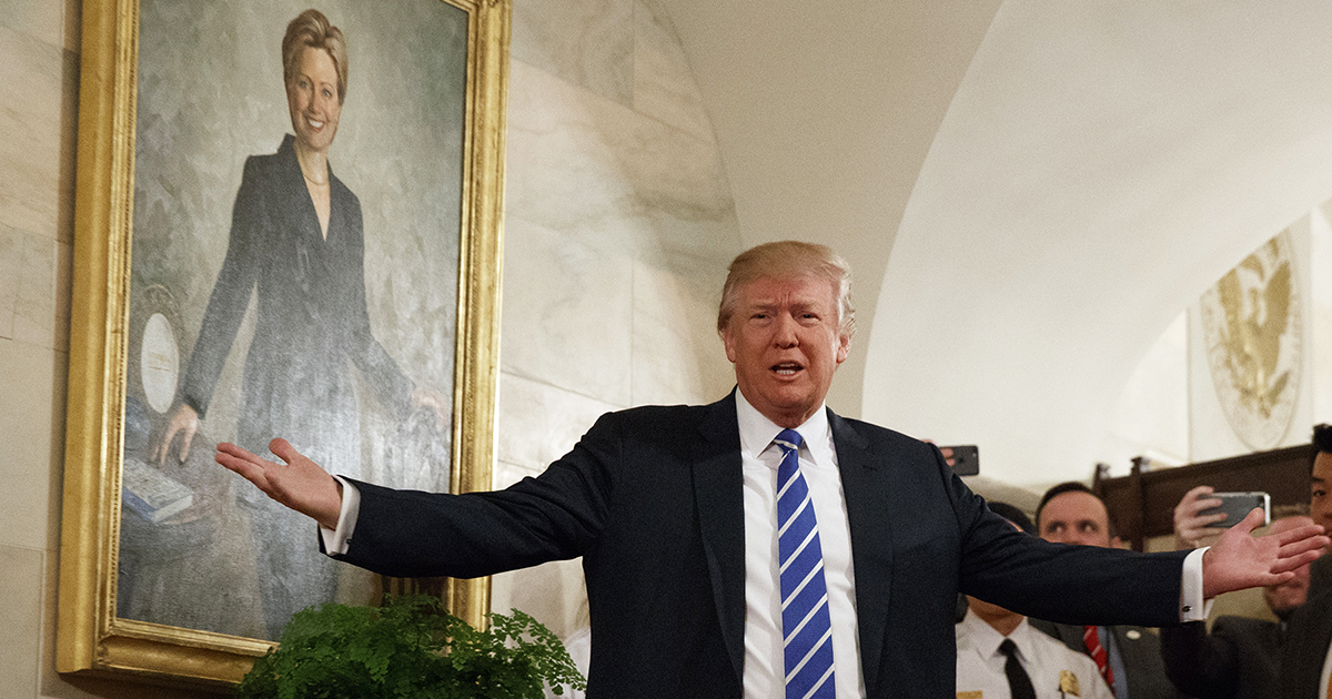 Donald Trump greets visitors touring the White House in Washington, D.C., on March 7, 2017.