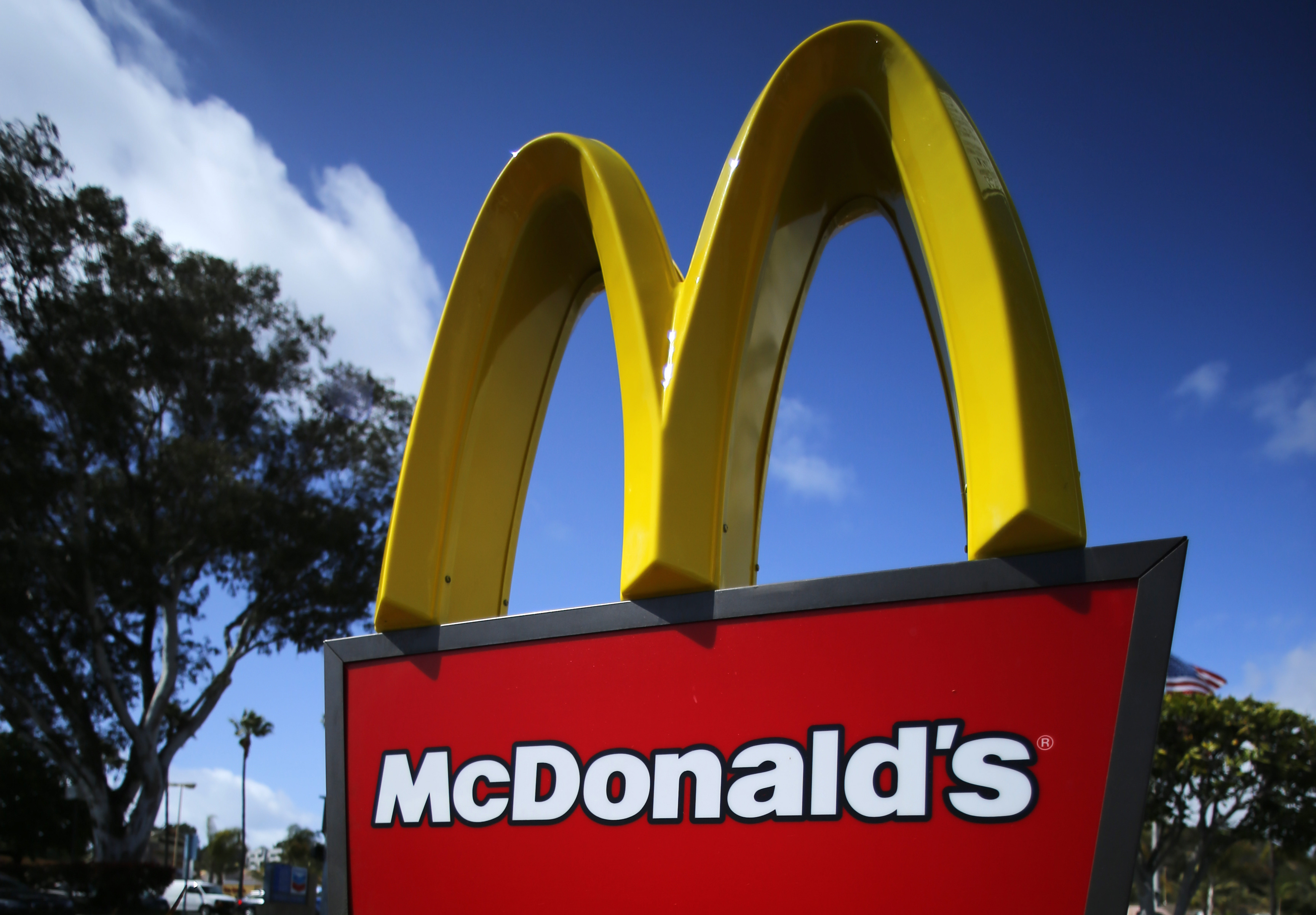 A McDonald's restaurant sign is seen at a McDonald's restaurant in Del Mar, California