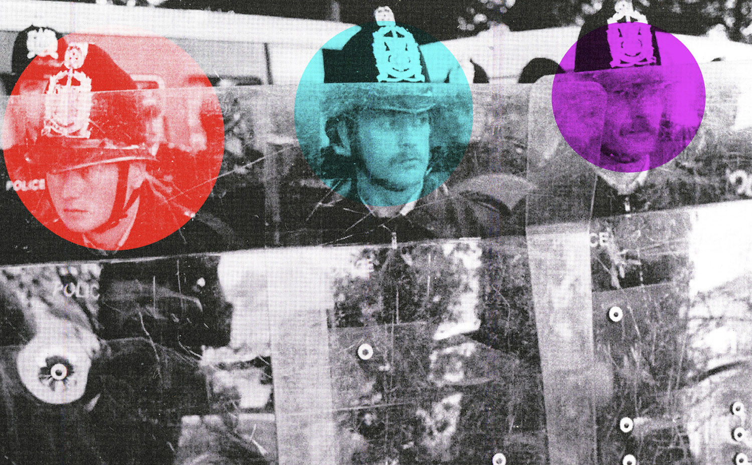 Spotlit Police (Battle of the Beanfield, 1985), 2013.<br><br> <i>This is a reworked scan from a book which examines the events of the 1985 Battle of the Beanfield, when Police attacked a convoy of New Age travellers en route to what would have been the 11th Stonehenge Free Festival in Wiltshire, England</i>