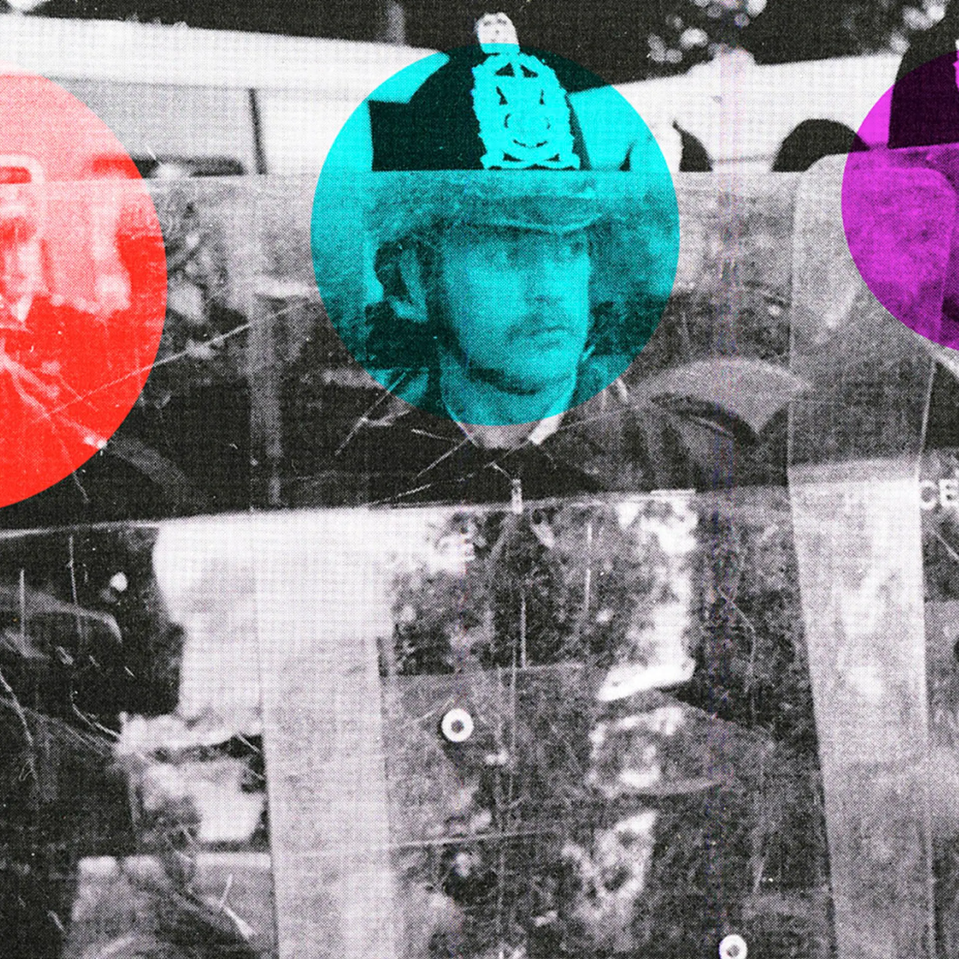 Spotlit Police (Battle of the Beanfield, 1985), 2013.<br><br> <i>This is a reworked scan from a book which examines the events of the 1985 Battle of the Beanfield, when Police attacked a convoy of New Age travellers en route to what would have been the 11th Stonehenge Free Festival in Wiltshire, England</i>